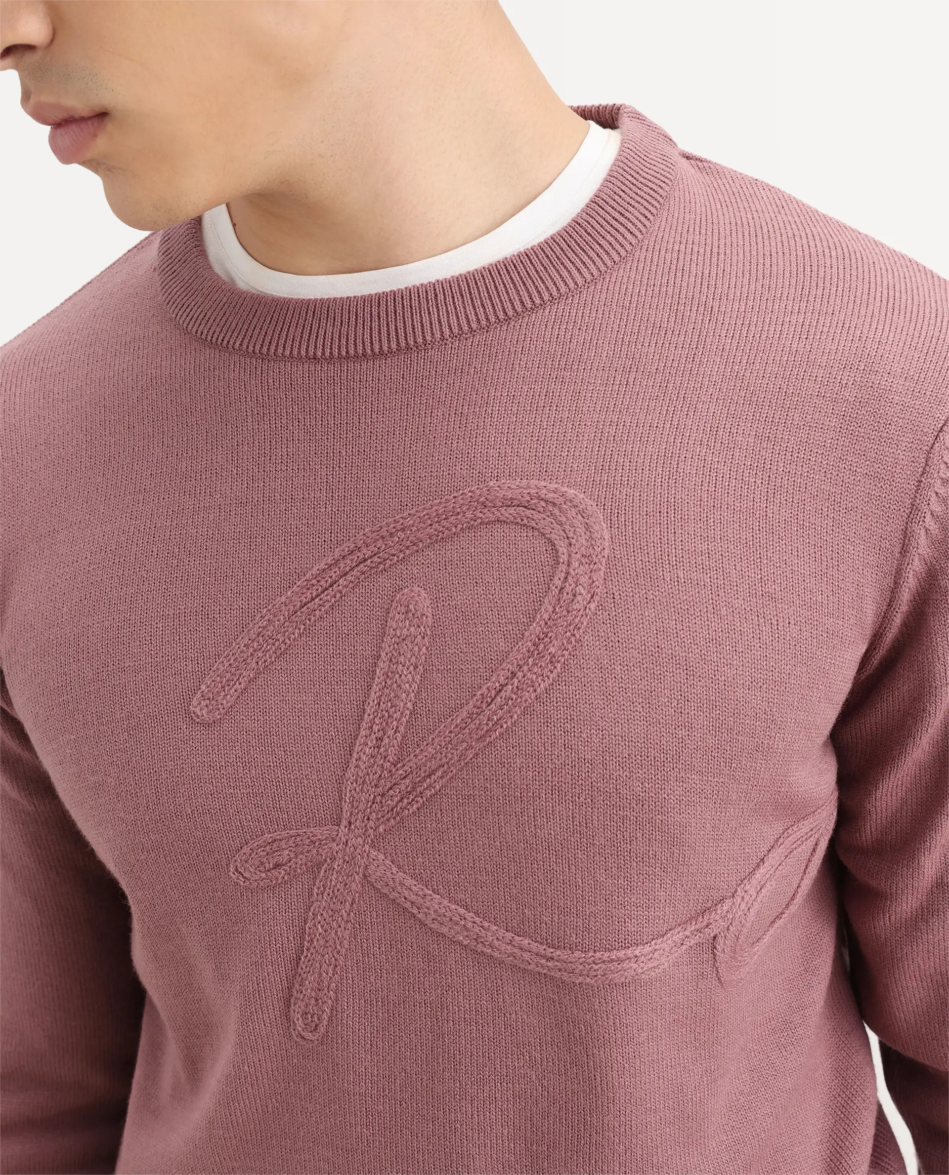 Rare Rabbit Men's Saturno Pink Acrylic Embroidered Regular Fit Full Sleeve Crew Neck Sweater