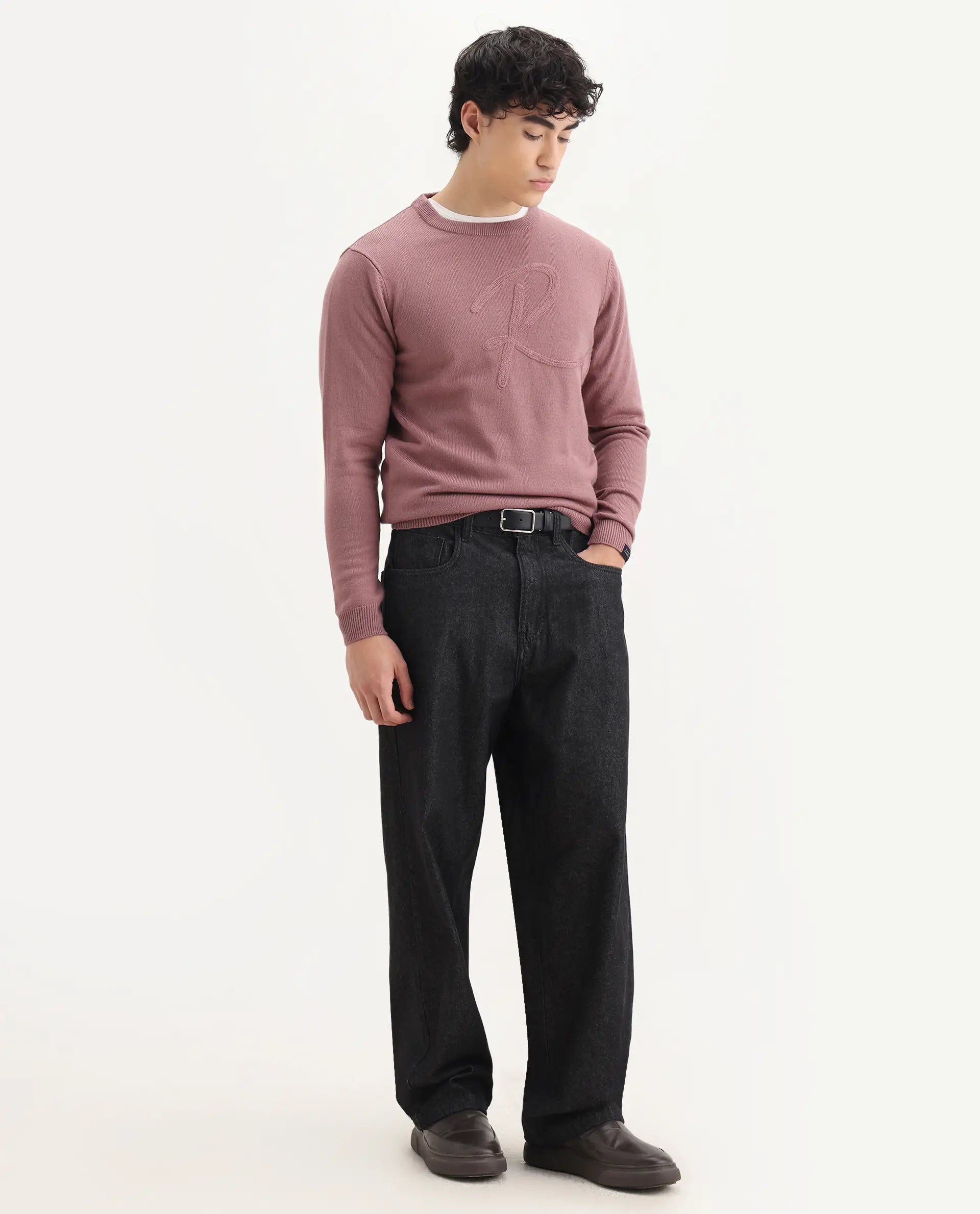 Rare Rabbit Men's Saturno Pink Acrylic Embroidered Regular Fit Full Sleeve Crew Neck Sweater