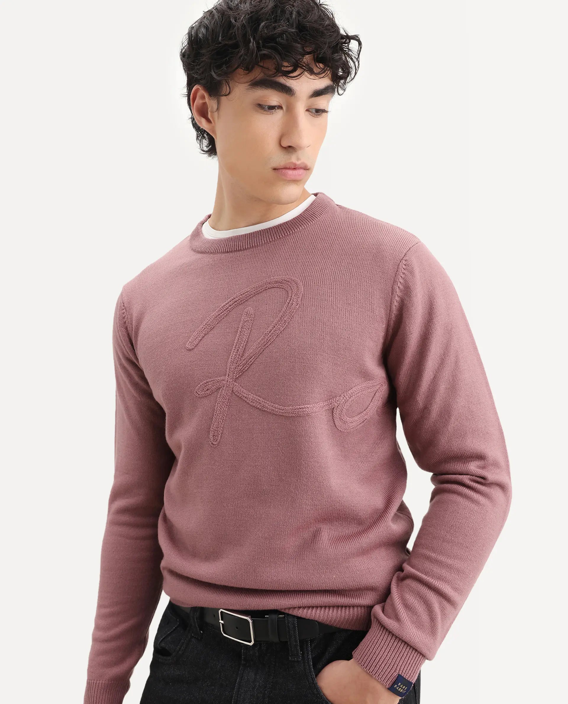 Rare Rabbit Men's Saturno Pink Acrylic Embroidered Regular Fit Full Sleeve Crew Neck Sweater