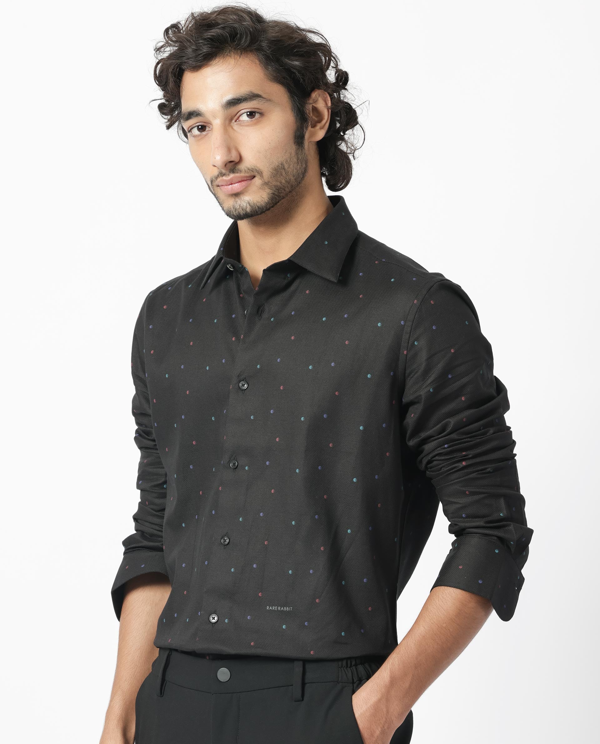 Rare Rabbit Men's Saturns Black Cotton Fabric Geo Dot Print Full Sleeves Shirt