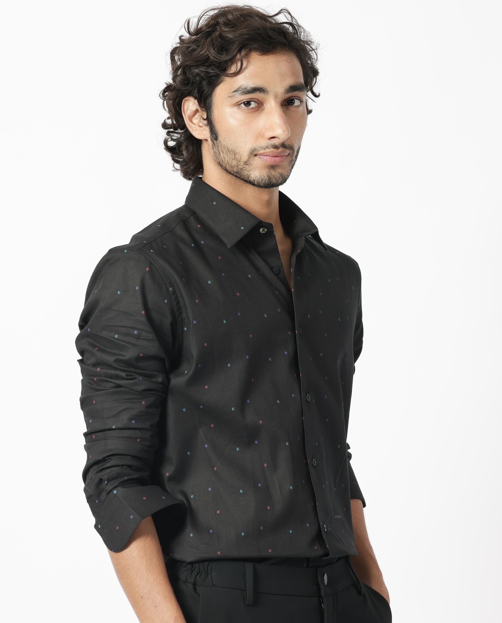 Rare Rabbit Men's Saturns Black Cotton Fabric Geo Dot Print Full Sleeves Shirt