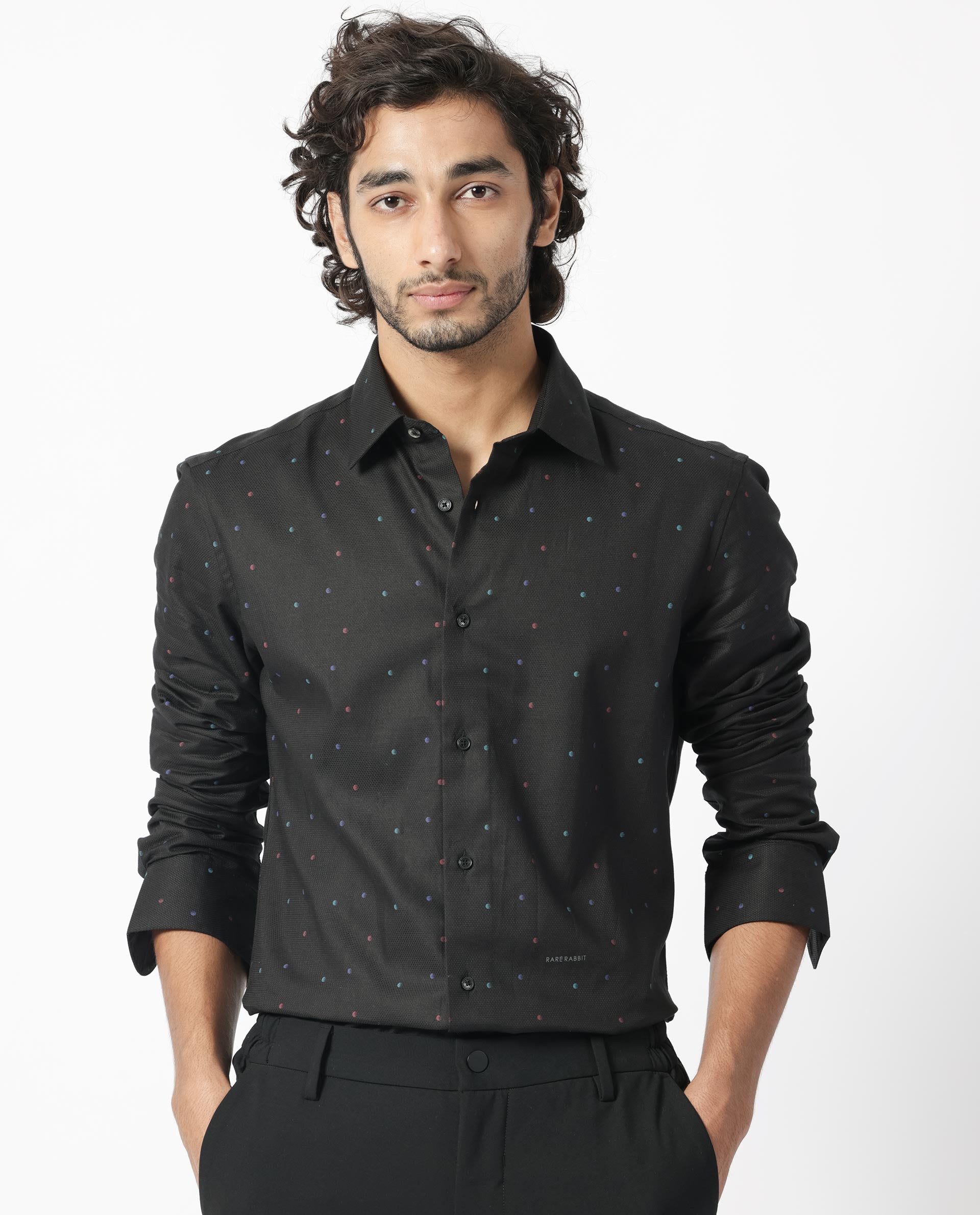 Rare Rabbit Men's Saturns Black Cotton Fabric Geo Dot Print Full Sleeves Shirt