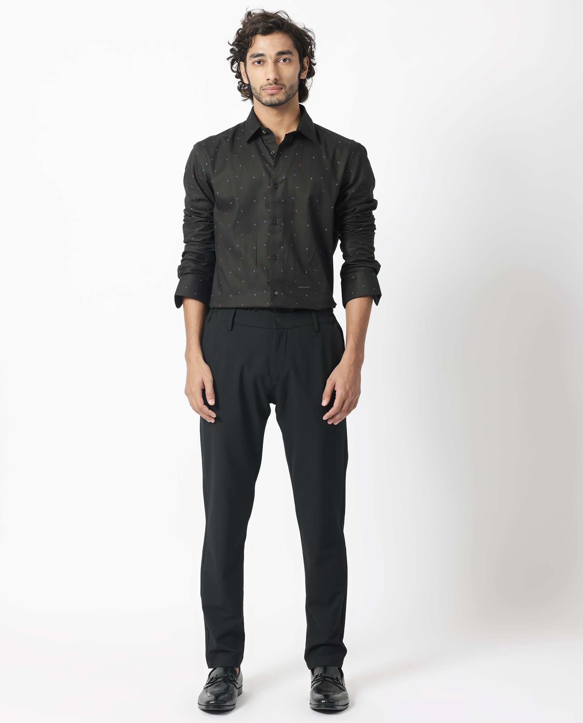Rare Rabbit Men's Saturns Black Cotton Fabric Geo Dot Print Full Sleeves Shirt
