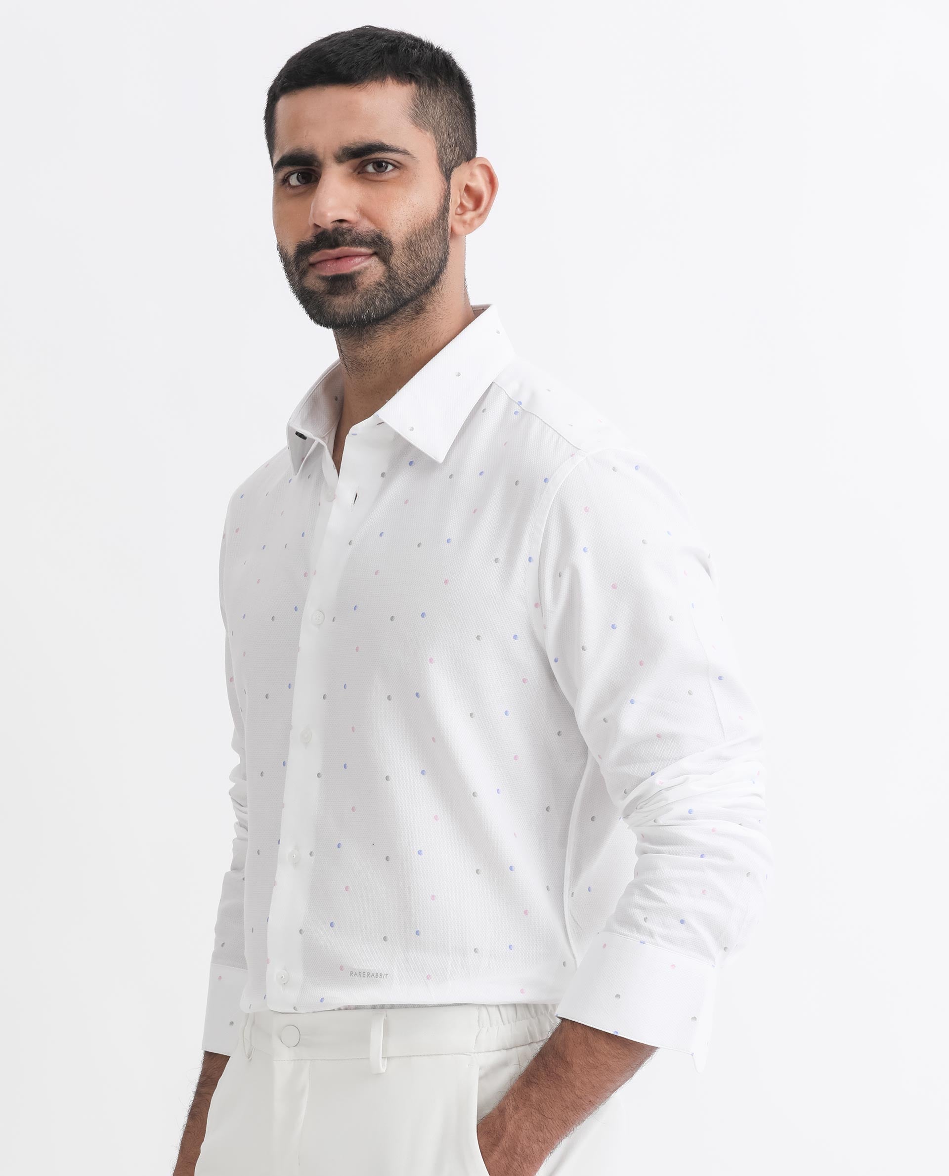Rare Rabbit Men's Saturns White Cotton Fabric Geo Dot Print Full Sleeves Shirt