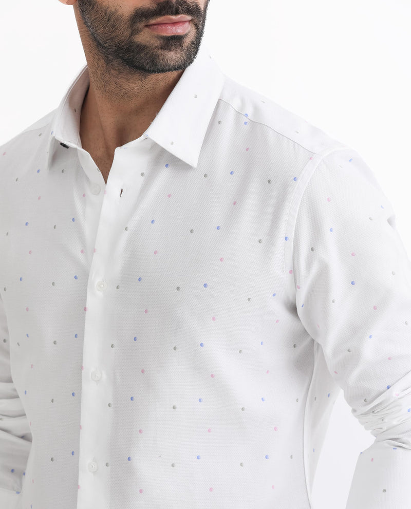 Rare Rabbit Men's Saturns White Cotton Fabric Geo Dot Print Full Sleeves Shirt