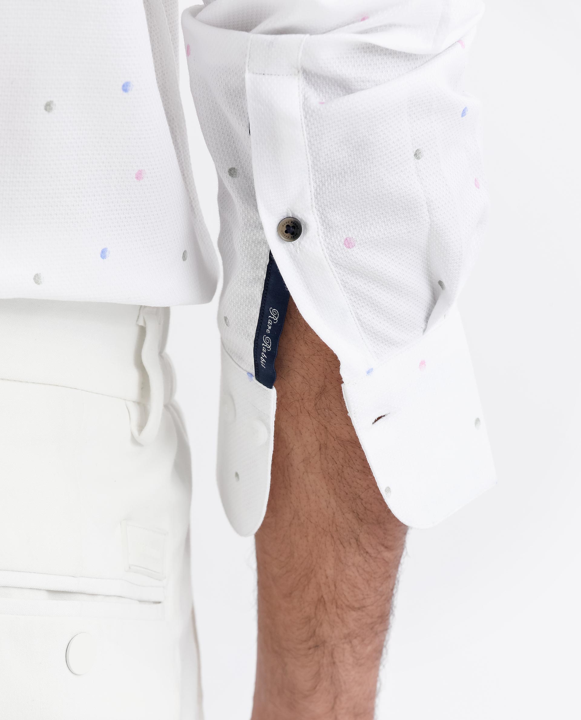 Rare Rabbit Men's Saturns White Cotton Fabric Geo Dot Print Full Sleeves Shirt