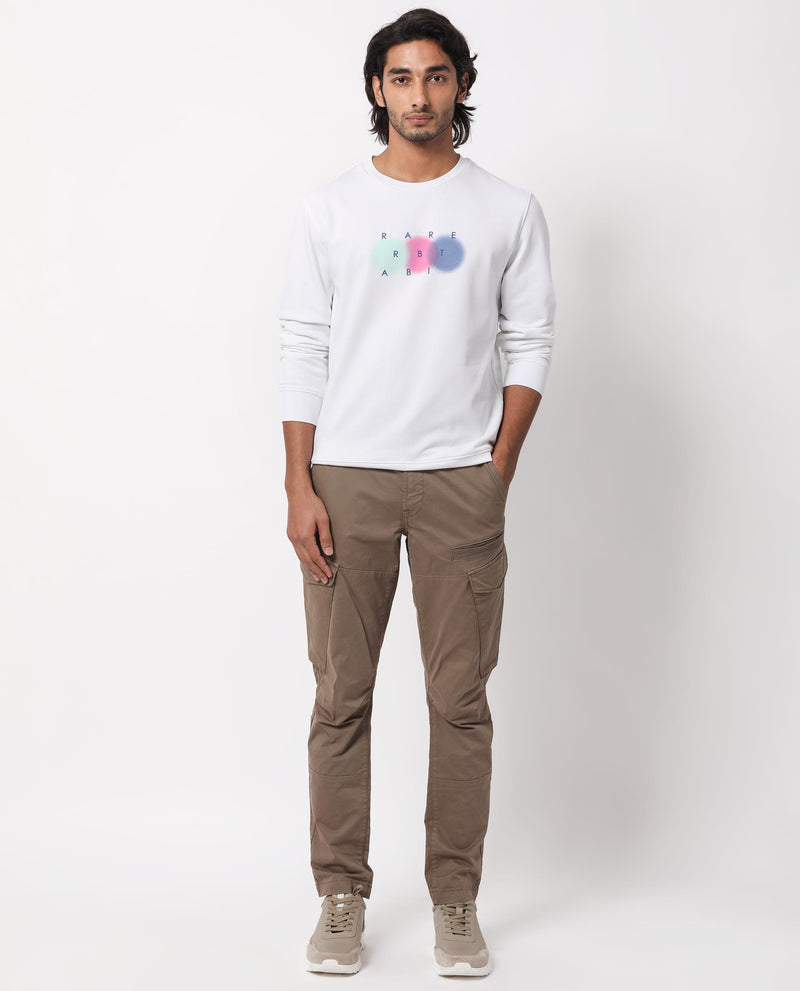 Rare Rabbit Men's Saul White Cotton Polyester Fabric Full Sleeves Graphic Branding Print Sweatshirt