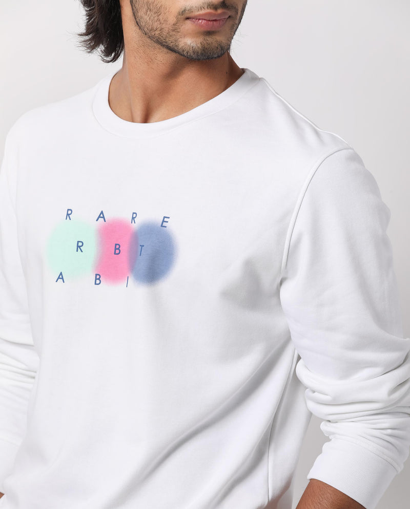 Rare Rabbit Men's Saul White Cotton Polyester Fabric Full Sleeves Graphic Branding Print Sweatshirt