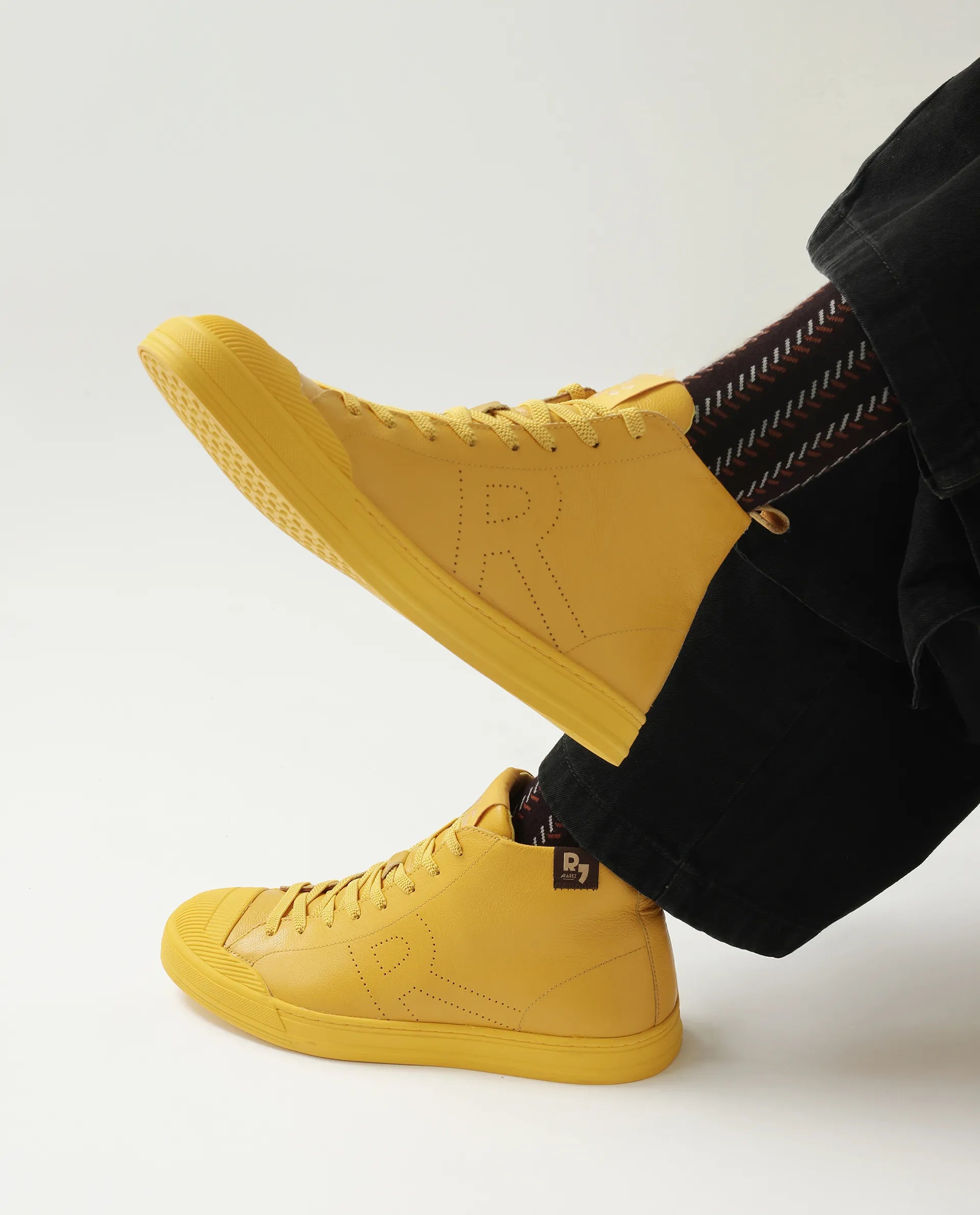 Rare Rabbit Men's Sauron Hi Pro Yellow Leather Lace-Up Closure Sneaker