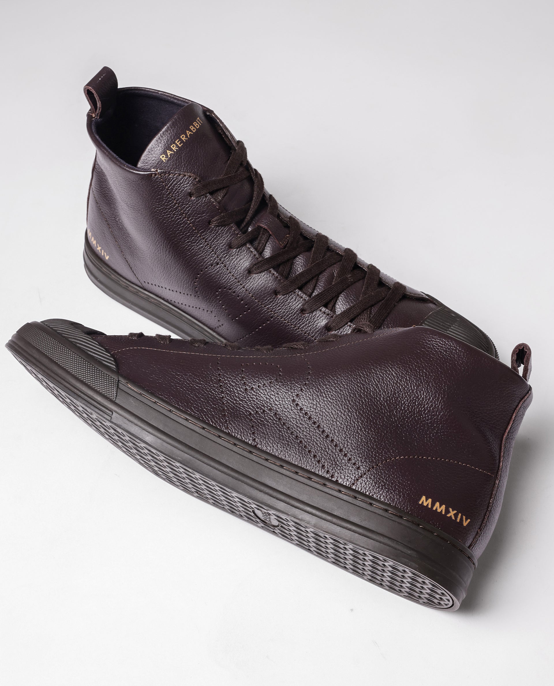 Rare Rabbit Mens Sauron Hi Pro Dark Brown Premium Milled Leather Lace Up High Top Round Toe Sneaker Shoes