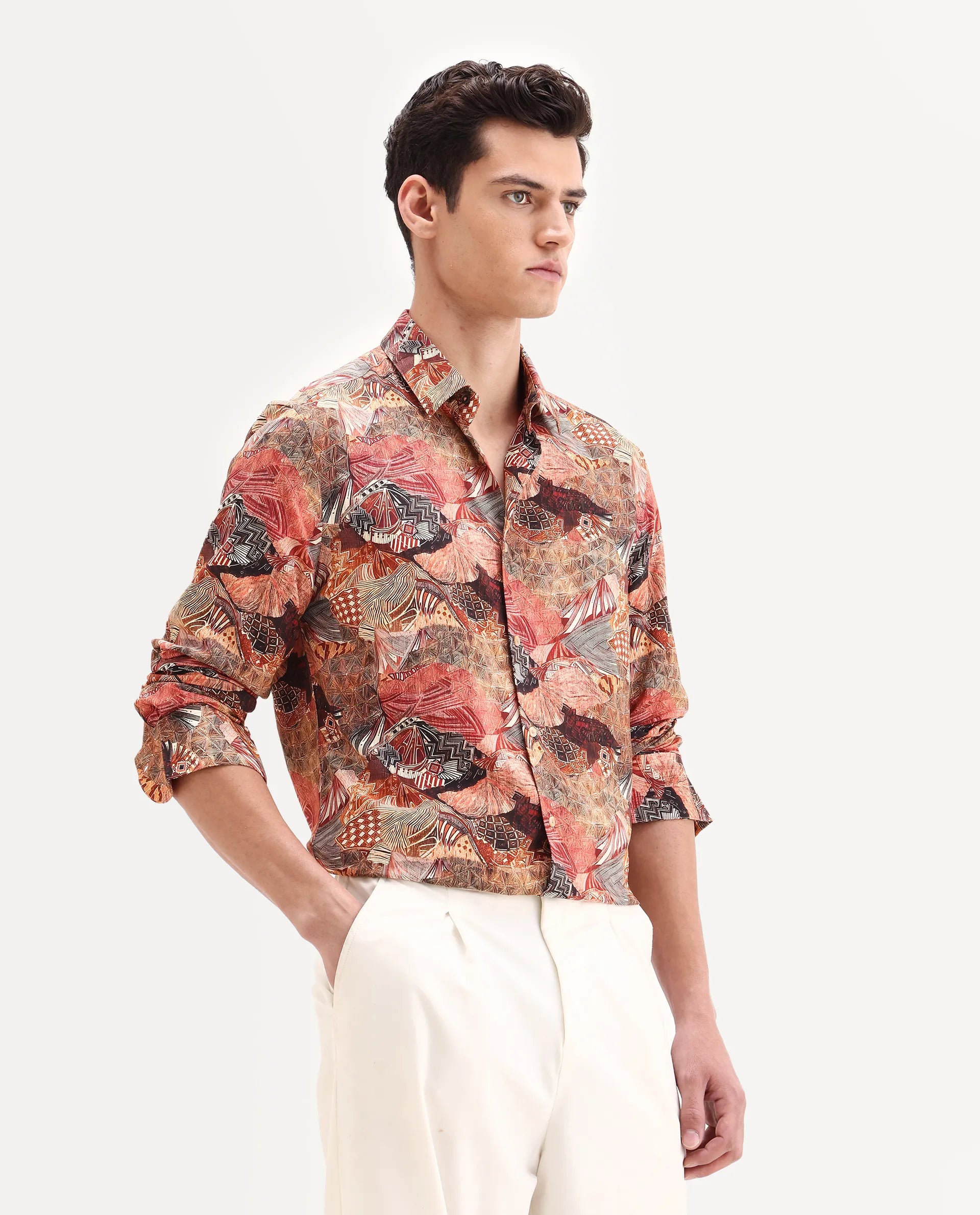 Rare Rabbit Men's Sava Rust Viscose Fabric Collared Neck Regular Fit Abstract Print Shirt