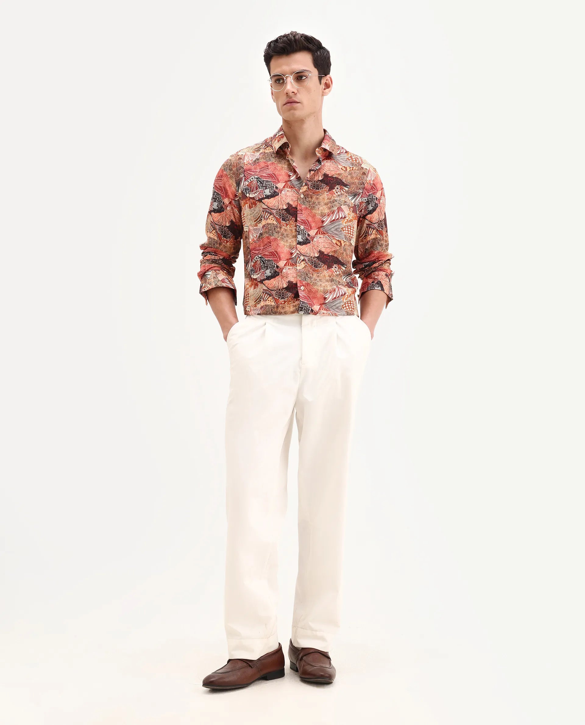 Rare Rabbit Men's Sava Rust Viscose Fabric Collared Neck Regular Fit Abstract Print Shirt