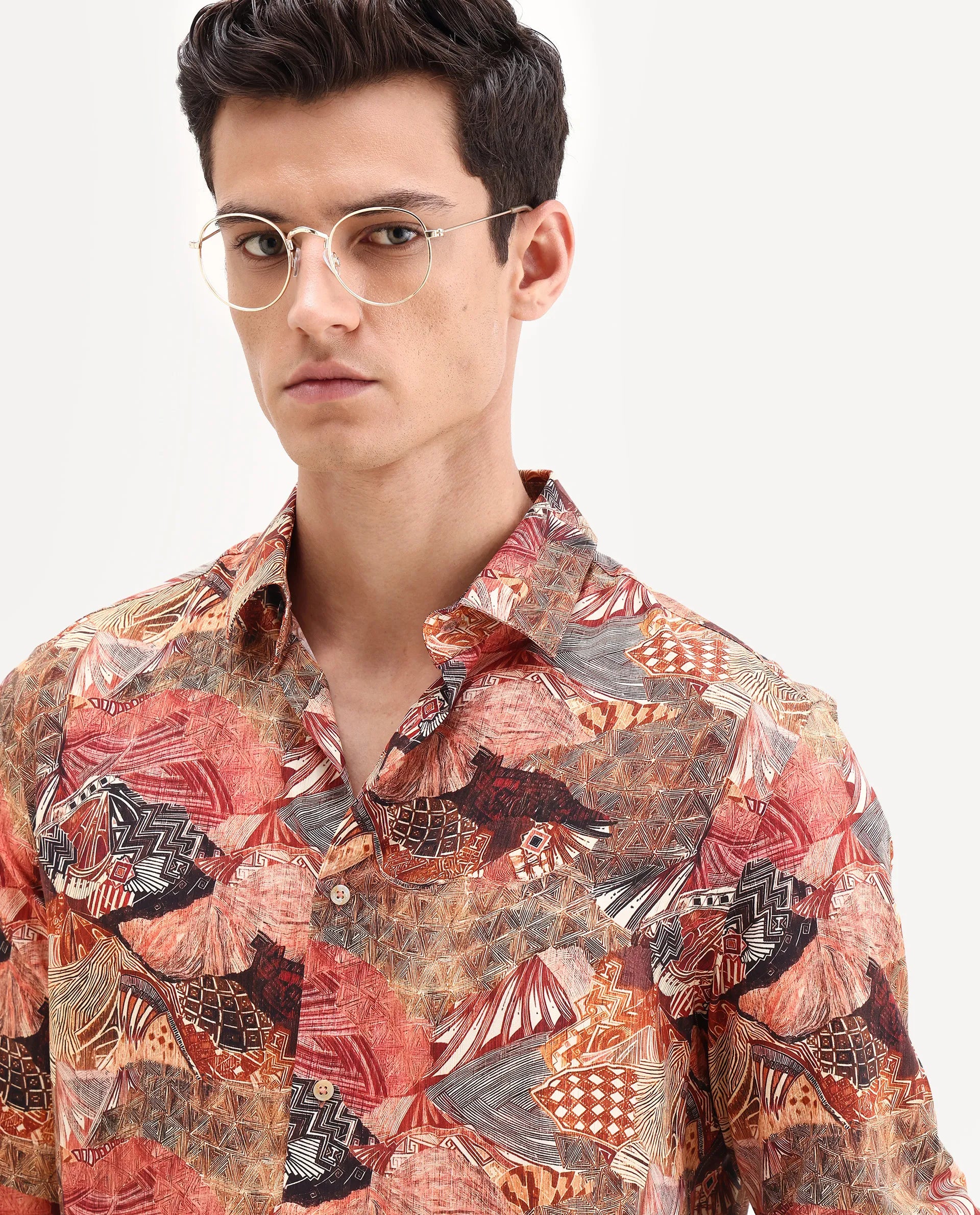 Rare Rabbit Men's Sava Rust Viscose Fabric Collared Neck Regular Fit Abstract Print Shirt