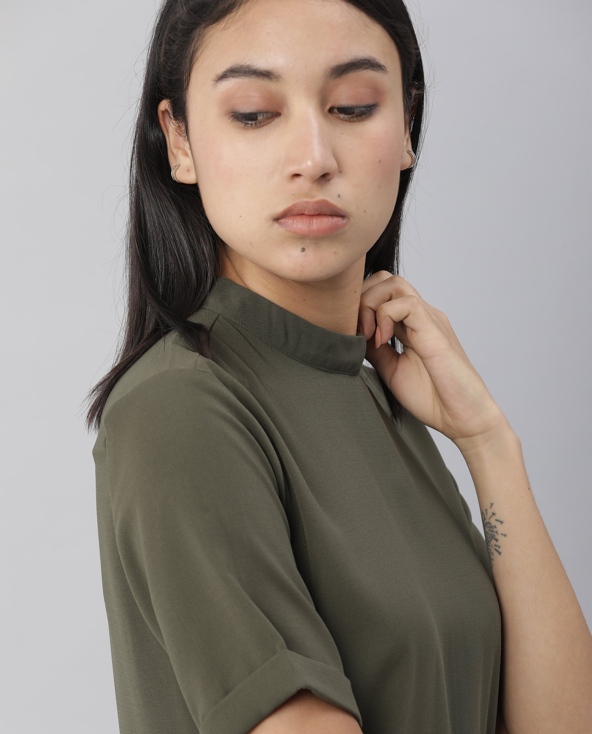 Rareism Women Savce Green Dress Short Sleeves Solid