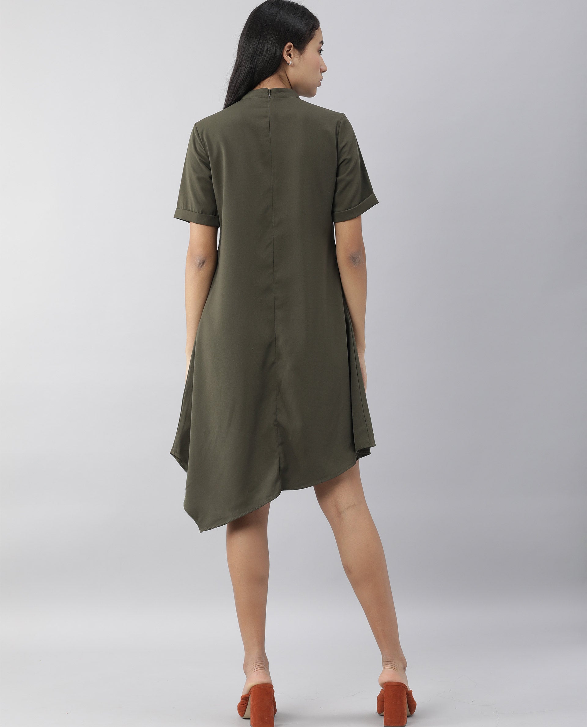 Rareism Women Savce Green Dress Short Sleeves Solid