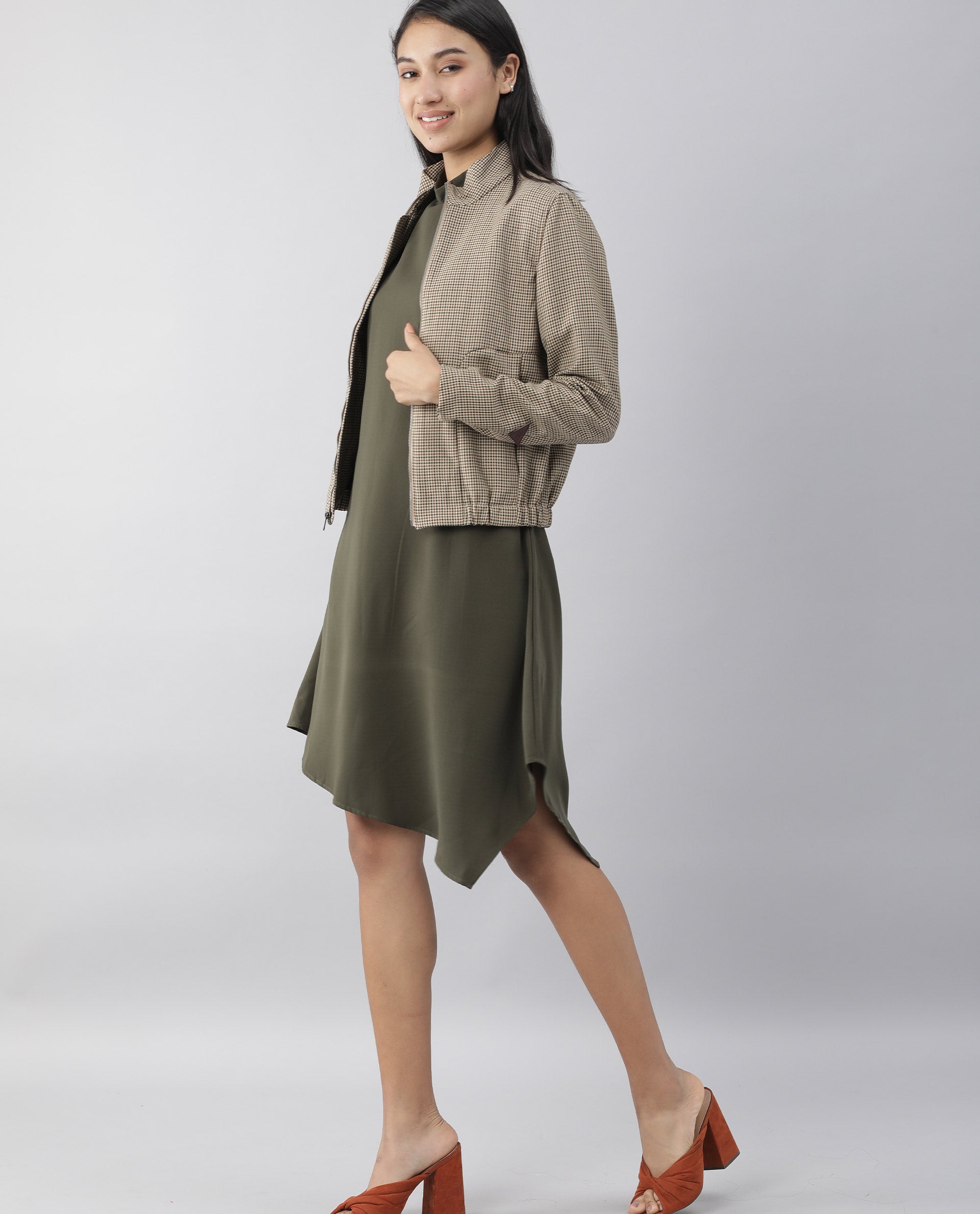 Rareism Women Savce Green Dress Short Sleeves Solid