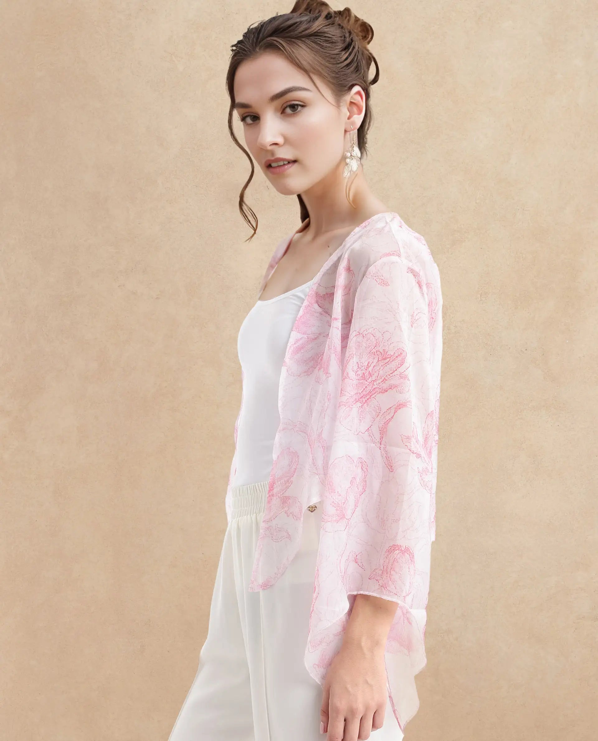 Rareism Women's Savona Multi Polyester Collarless Abstract Print Flared Sleeve Relaxed Fit Shrug