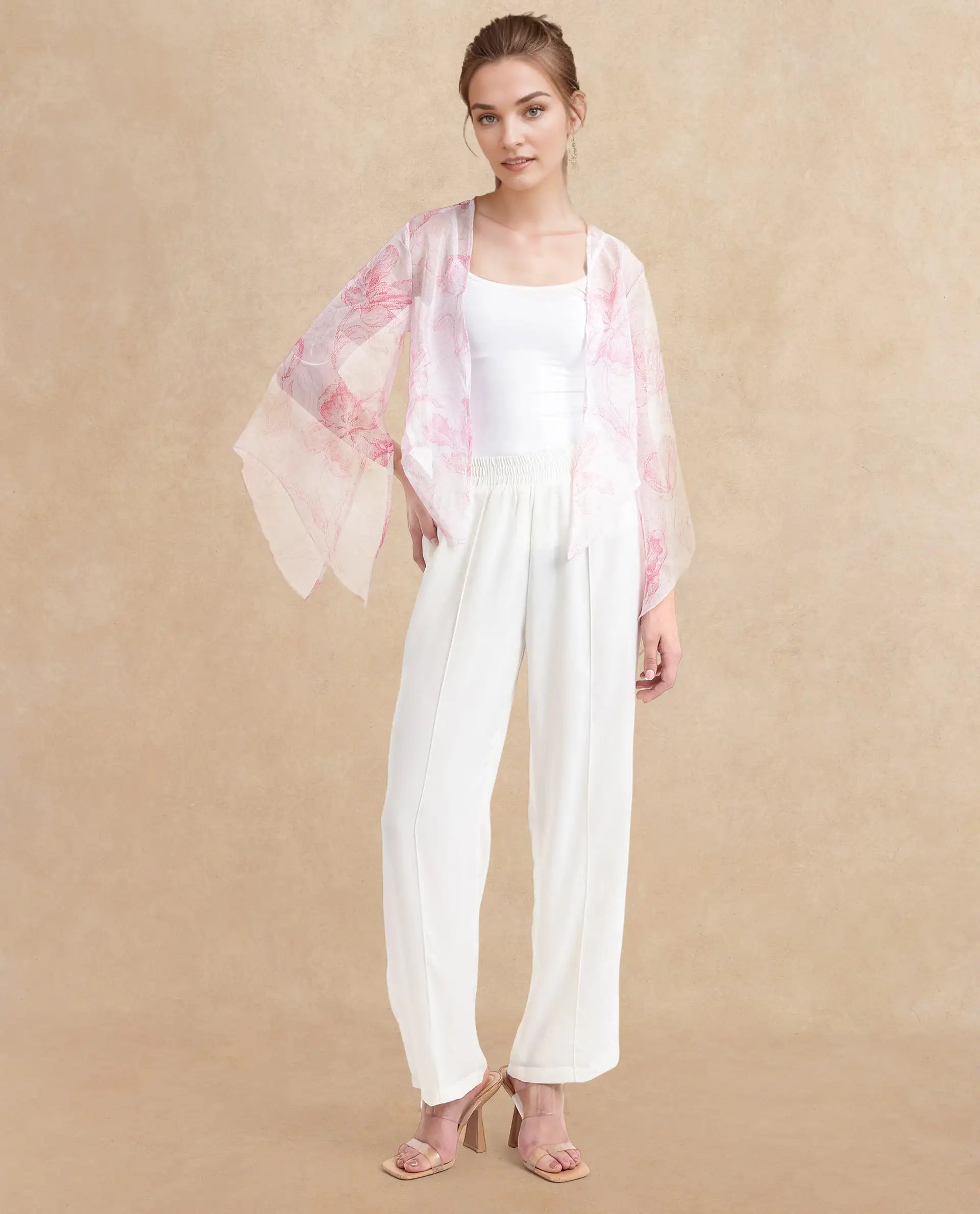 Rareism Women's Savona Multi Polyester Collarless Abstract Print Flared Sleeve Relaxed Fit Shrug