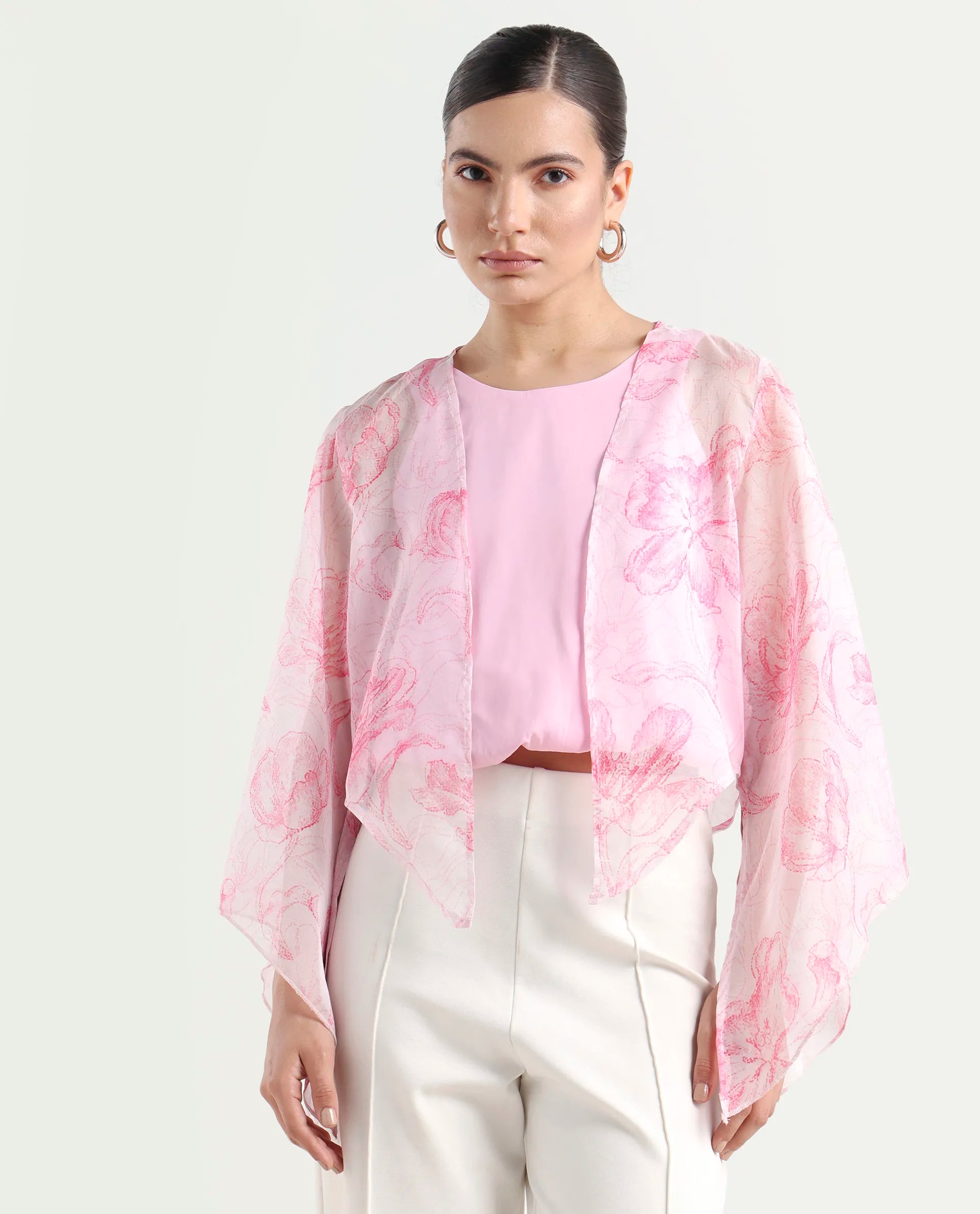 Rareism Women's Savona Multi Polyester Collarless Abstract Print Flared Sleeve Relaxed Fit Shrug