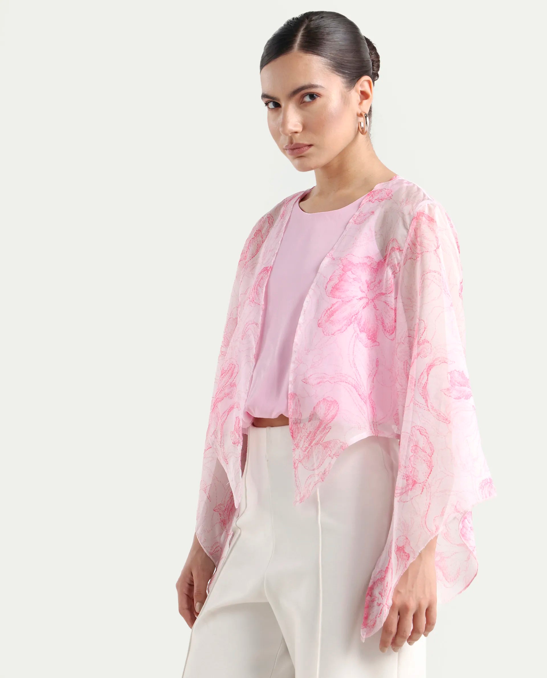 Rareism Women's Savona Multi Polyester Collarless Abstract Print Flared Sleeve Relaxed Fit Shrug