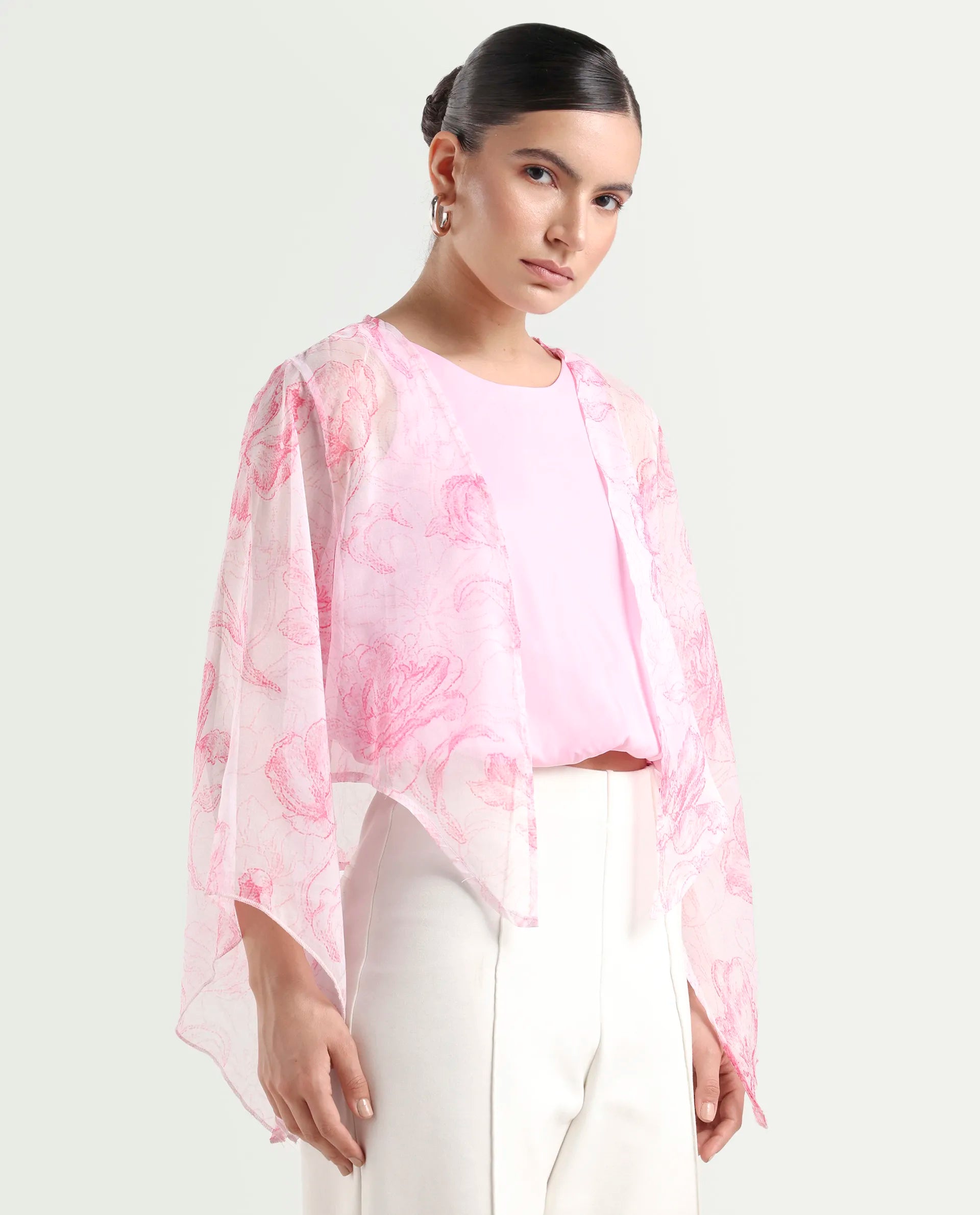 Rareism Women's Savona Multi Polyester Collarless Abstract Print Flared Sleeve Relaxed Fit Shrug