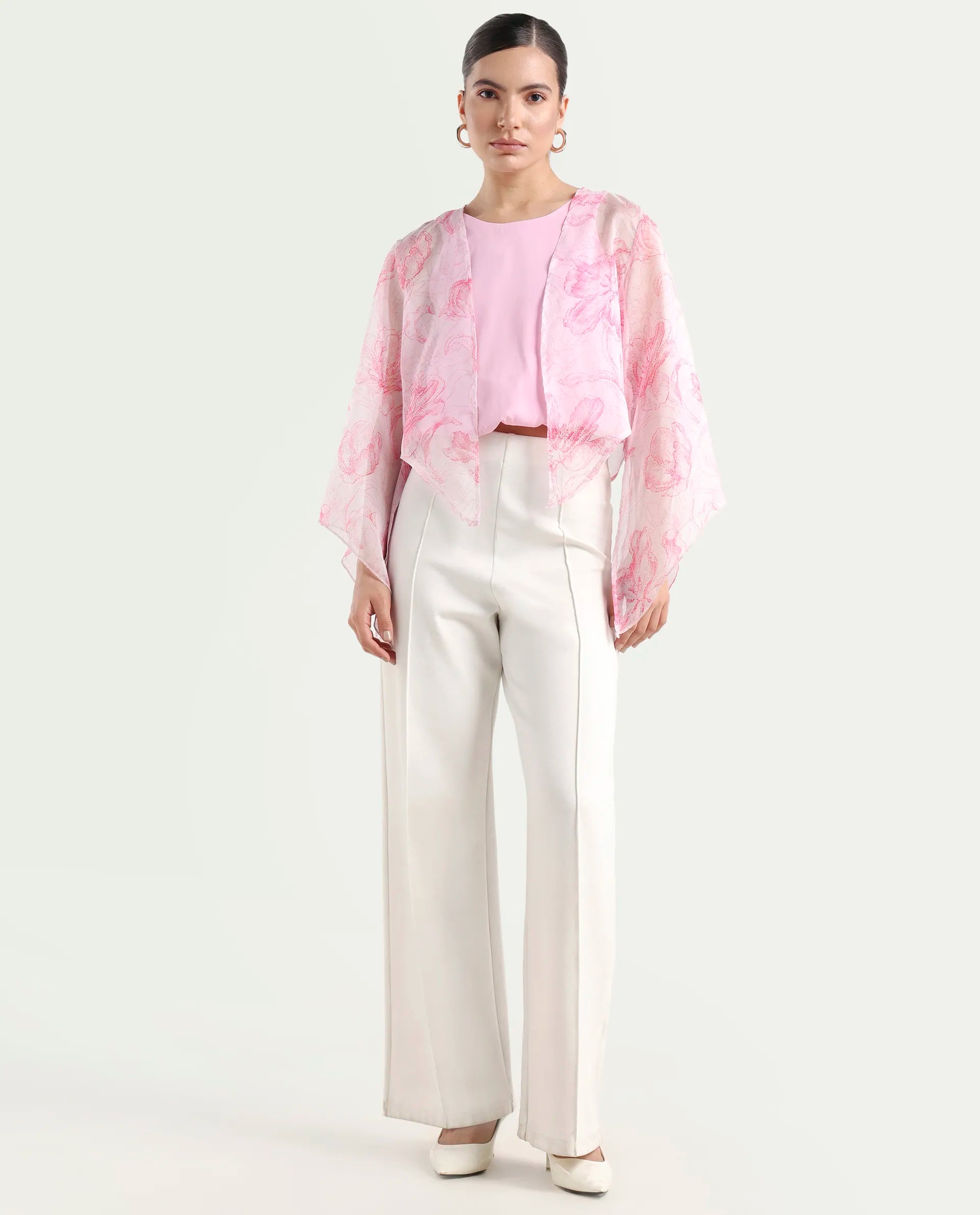 Rareism Women's Savona Multi Polyester Collarless Abstract Print Flared Sleeve Relaxed Fit Shrug