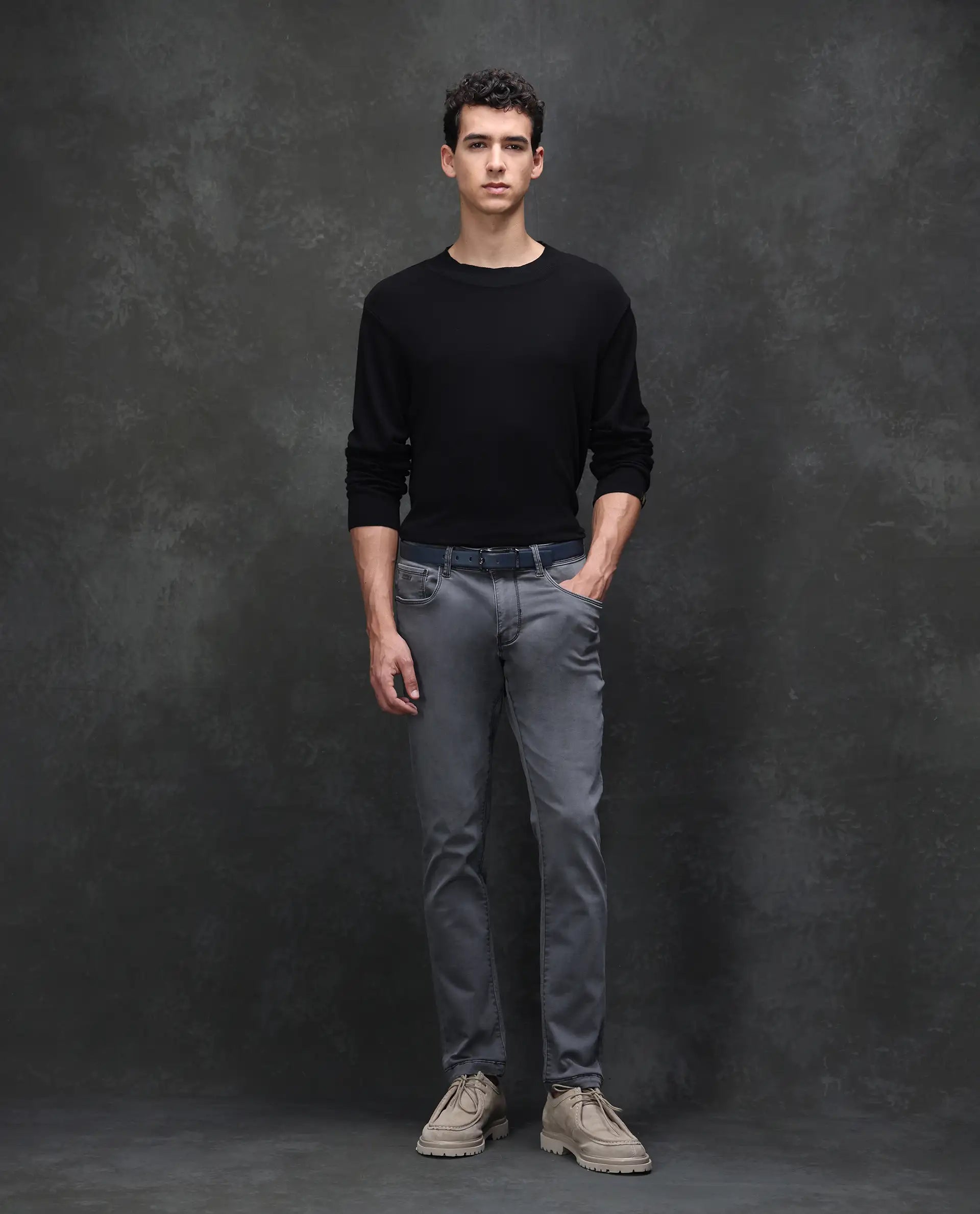 Rare Rabbit Men's Savoy Light Grey Cotton Blend Plain Hawk Slim Fit Jeans