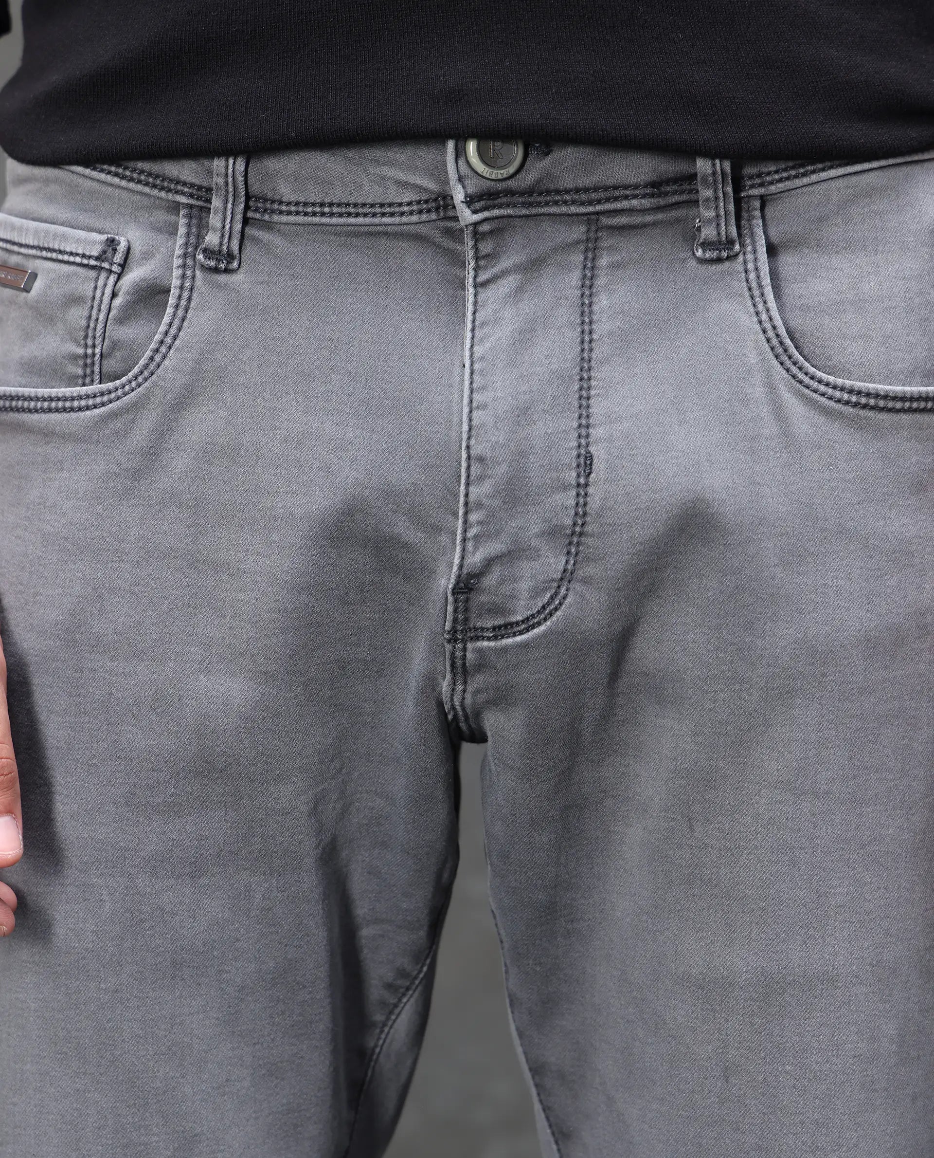 Rare Rabbit Men's Savoy Light Grey Cotton Blend Plain Hawk Slim Fit Jeans