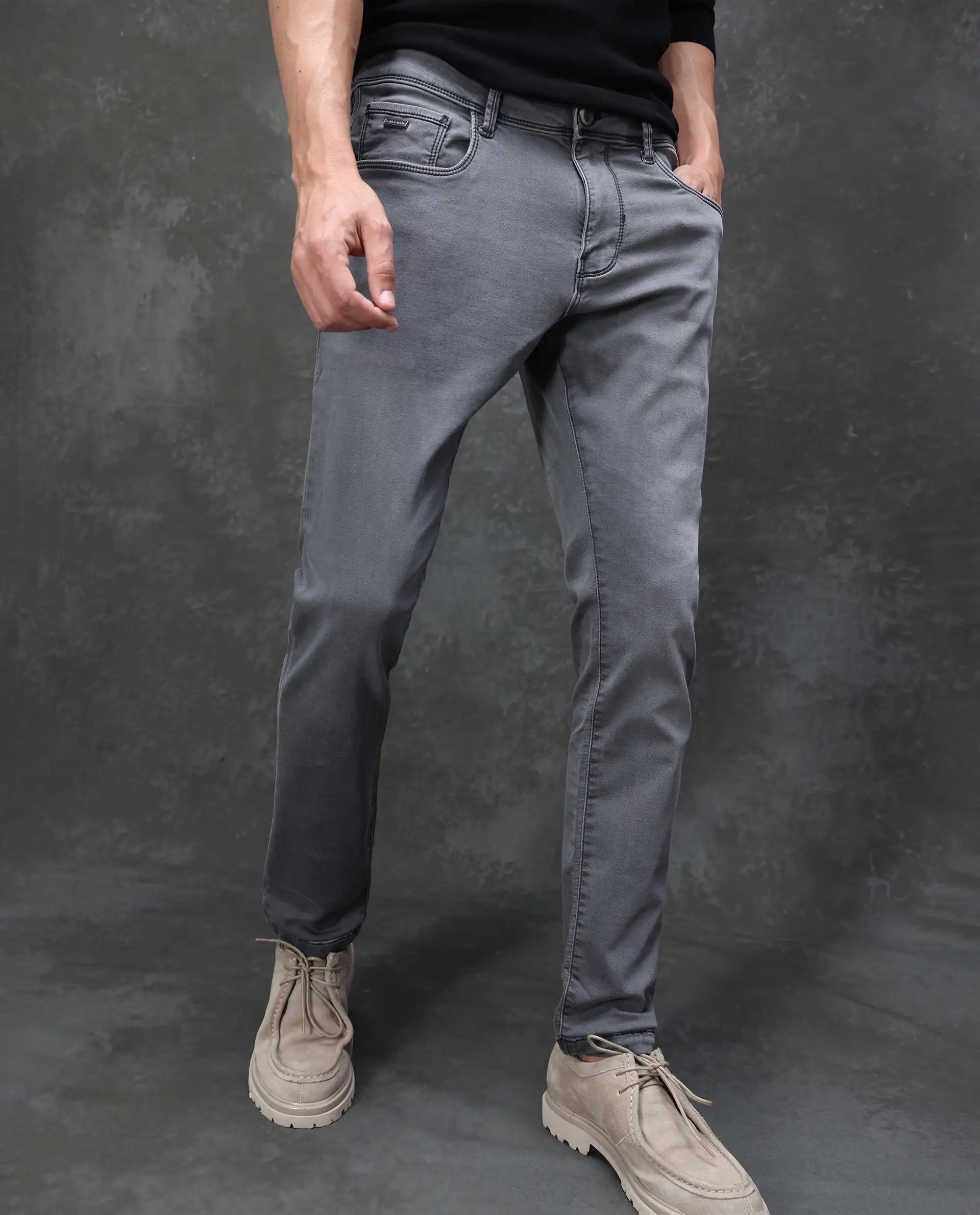 Rare Rabbit Men's Savoy Light Grey Cotton Blend Plain Hawk Slim Fit Jeans