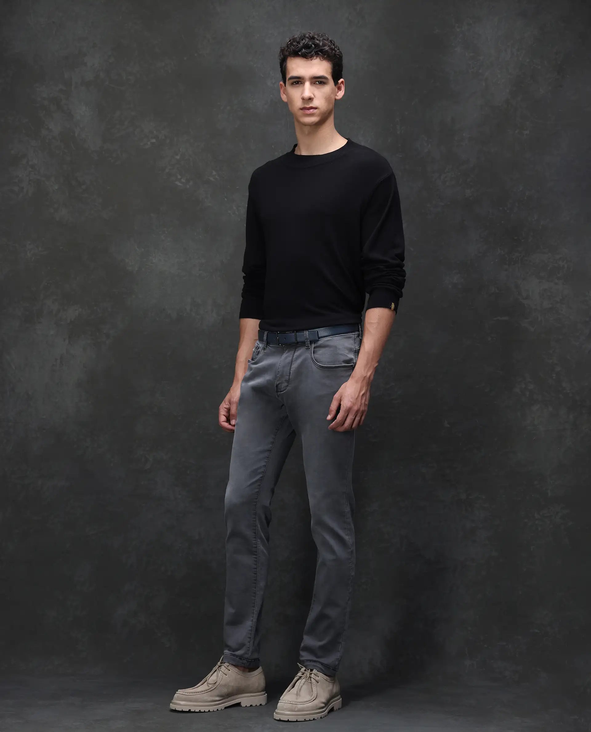 Rare Rabbit Men's Savoy Light Grey Cotton Blend Plain Hawk Slim Fit Jeans