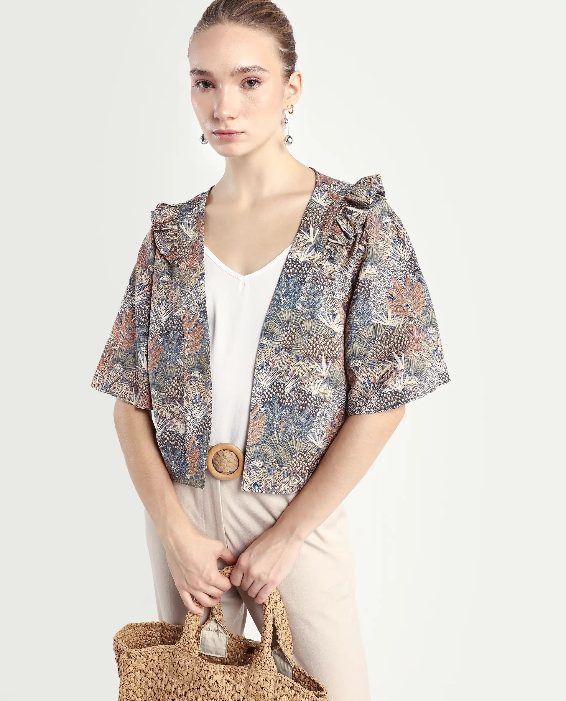 Rareism Women's Savri Dark Multi Nylon Blend Shawl Collar Botanical Print Bell Sleeve Relaxed Fit Shrug