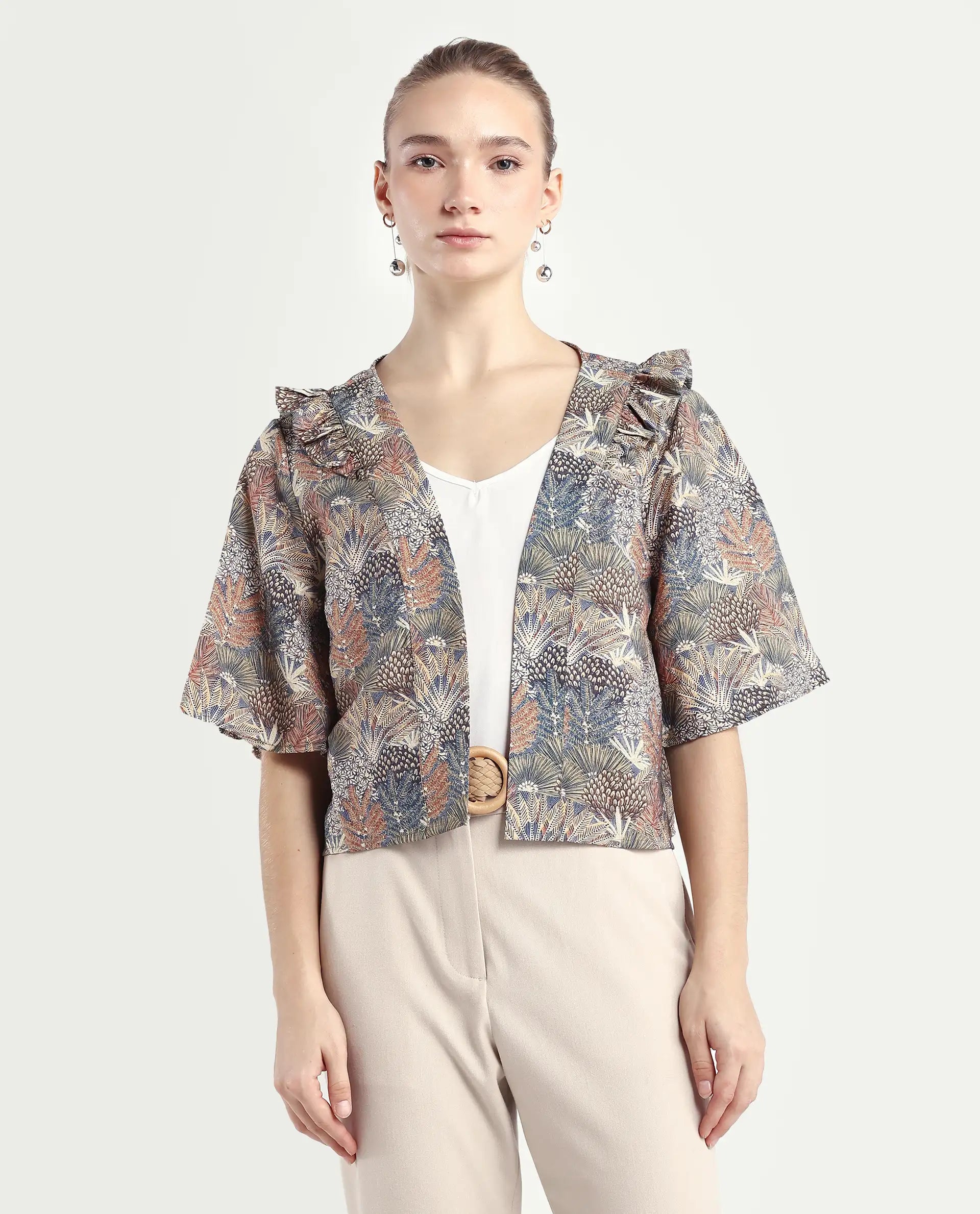 Rareism Women's Savri Dark Multi Nylon Blend Shawl Collar Botanical Print Bell Sleeve Relaxed Fit Shrug