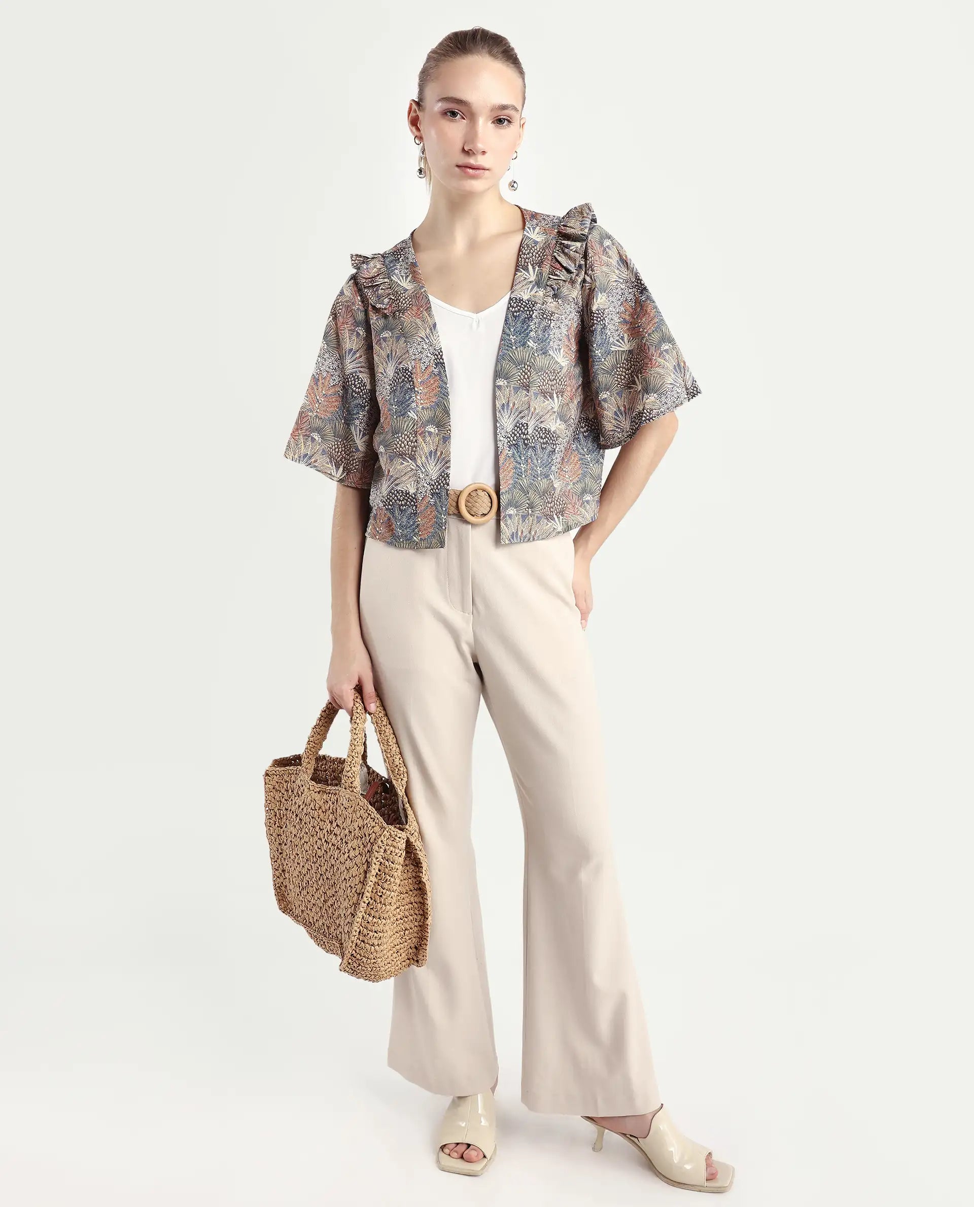 Rareism Women's Savri Dark Multi Nylon Blend Shawl Collar Botanical Print Bell Sleeve Relaxed Fit Shrug