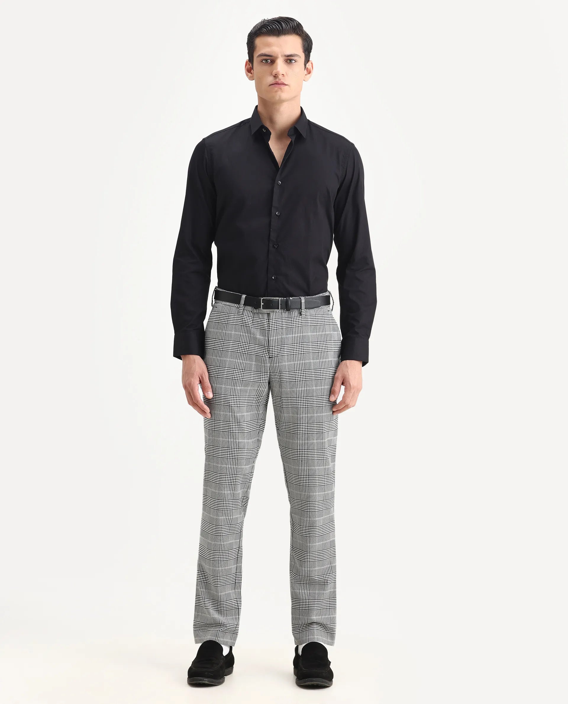 Rare Rabbit Men's Savvet Grey Polyester Checked Print Regular Fit Trouser