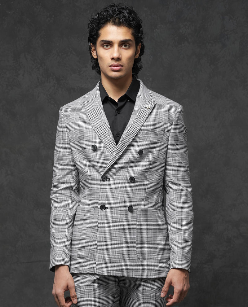 Rare Rabbit Men's Savyy Grey Polyester Viscose Fabric Peak Lapel Button Closure Double Breasted Houndstooth Check Suits