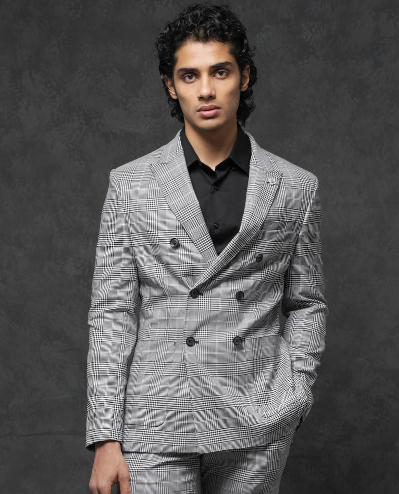 Rare Rabbit Men's Savyy Grey Polyester Viscose Fabric Peak Lapel Button Closure Double Breasted Houndstooth Check Suits