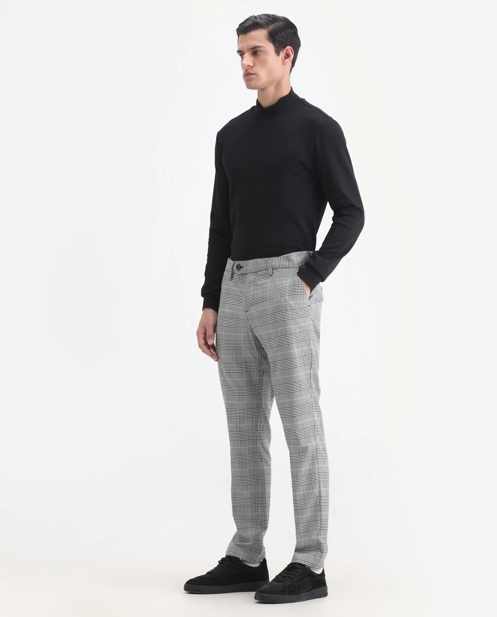 Rare Rabbit Men's Savyy Grey Polyester Checked Print Tailored Fit Full Sleeve Lapel Neck Suits