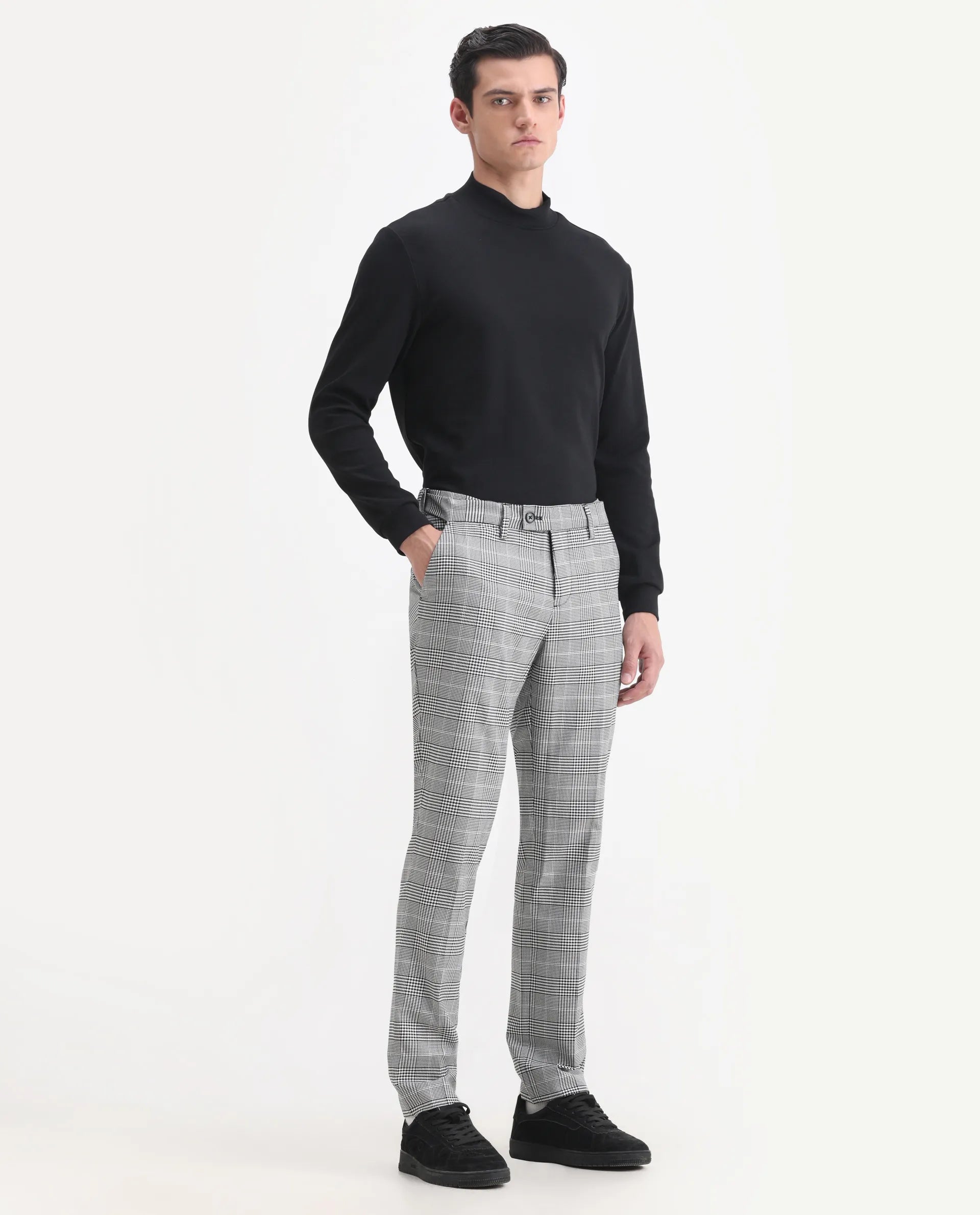 Rare Rabbit Men's Savyy Grey Polyester Checked Print Tailored Fit Full Sleeve Lapel Neck Suits