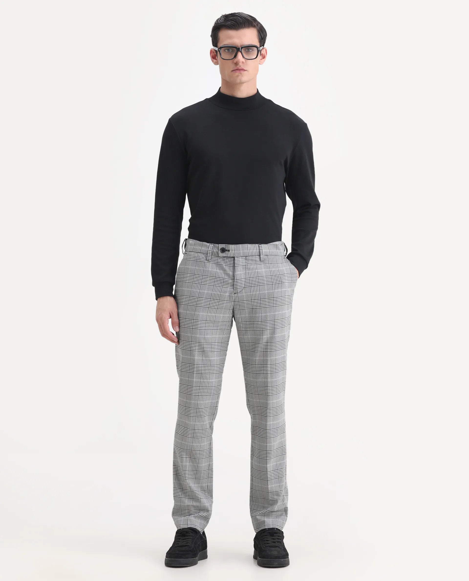 Rare Rabbit Men's Savyy Grey Polyester Checked Print Tailored Fit Full Sleeve Lapel Neck Suits