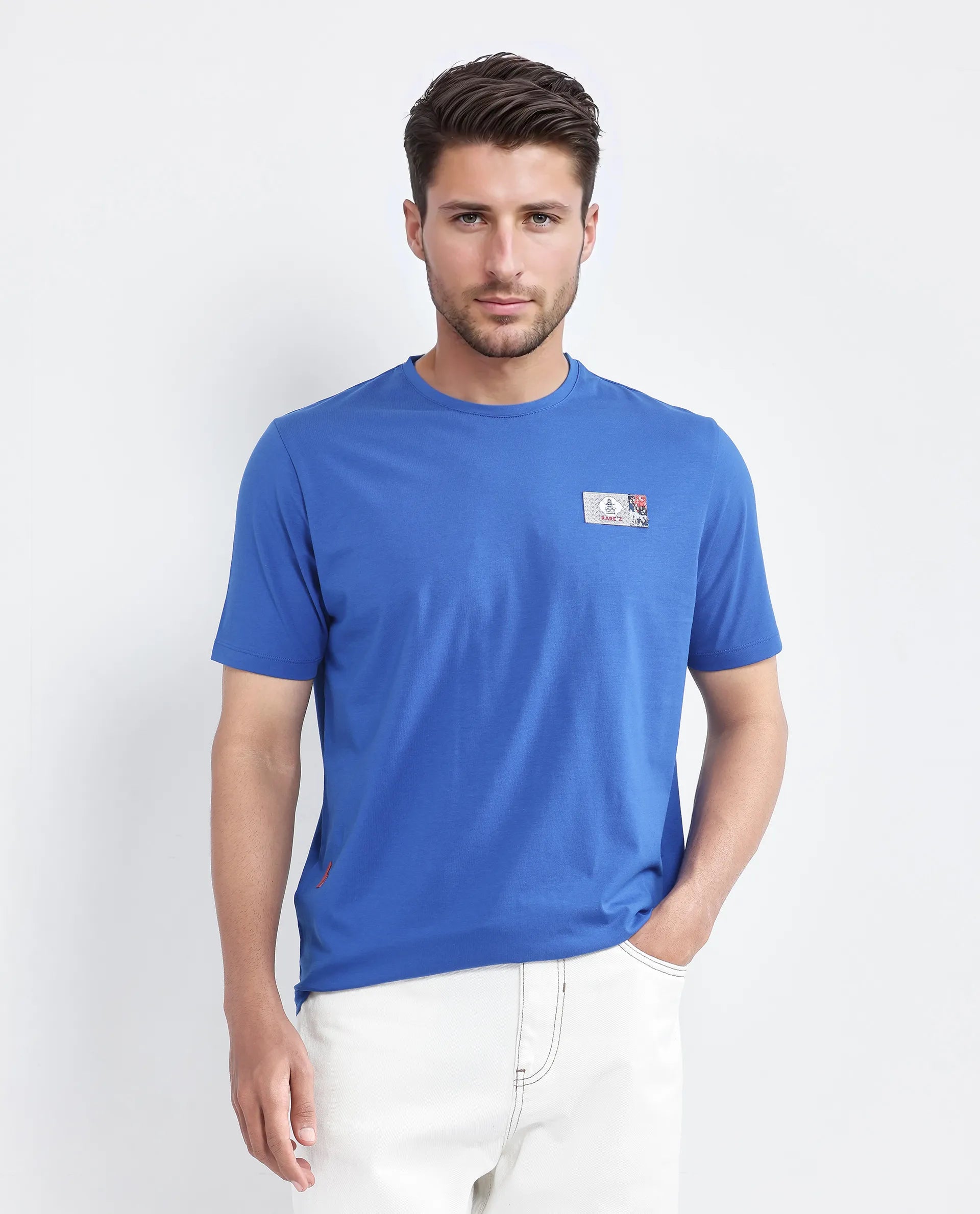 Rare Rabbit Men Saw Pastel Pastel Blue Cotton Lycra Fabric Short Sleeve Crew Neck Slip-On Plain T-Shirt