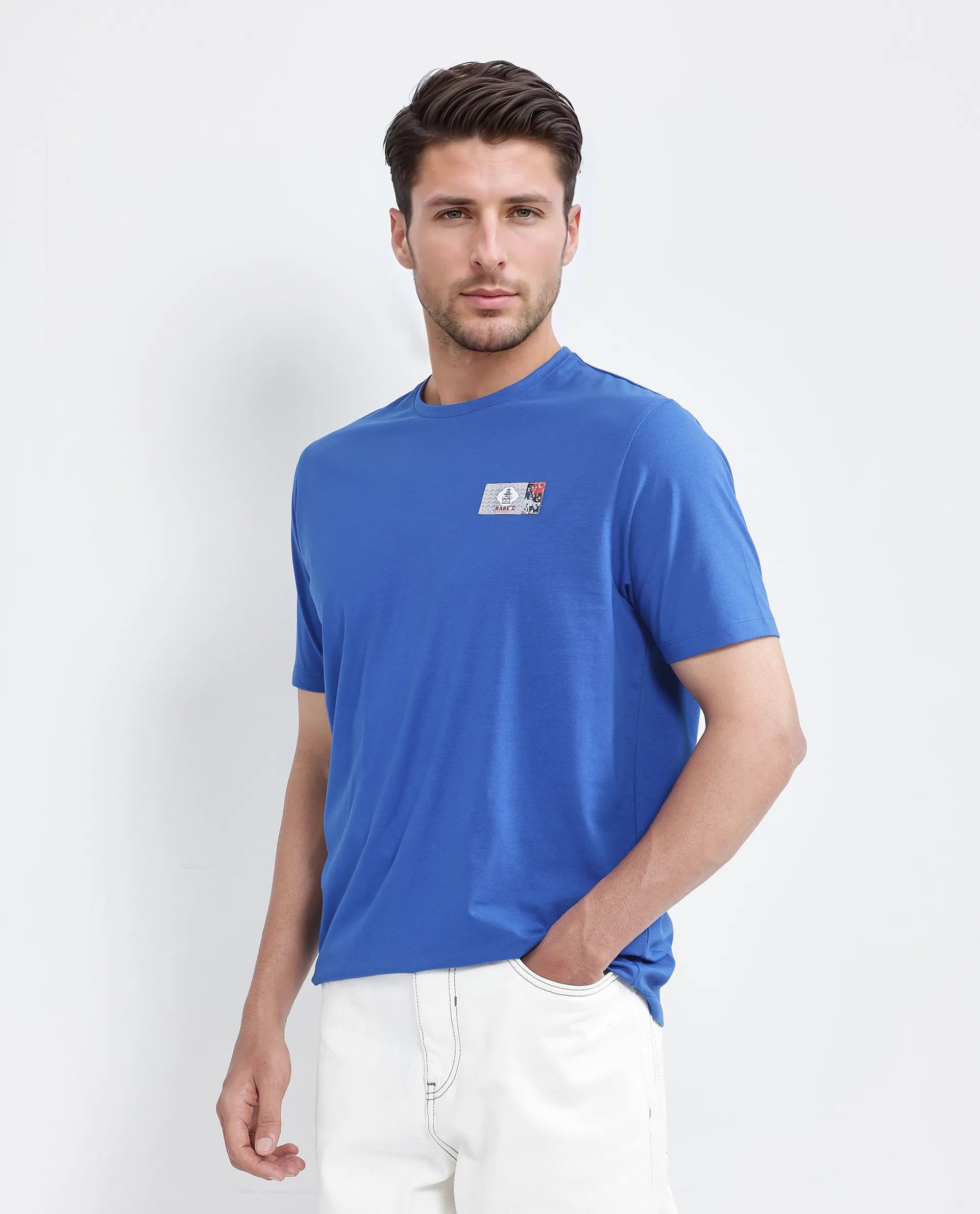 Rare Rabbit Men Saw Pastel Pastel Blue Cotton Lycra Fabric Short Sleeve Crew Neck Slip-On Plain T-Shirt