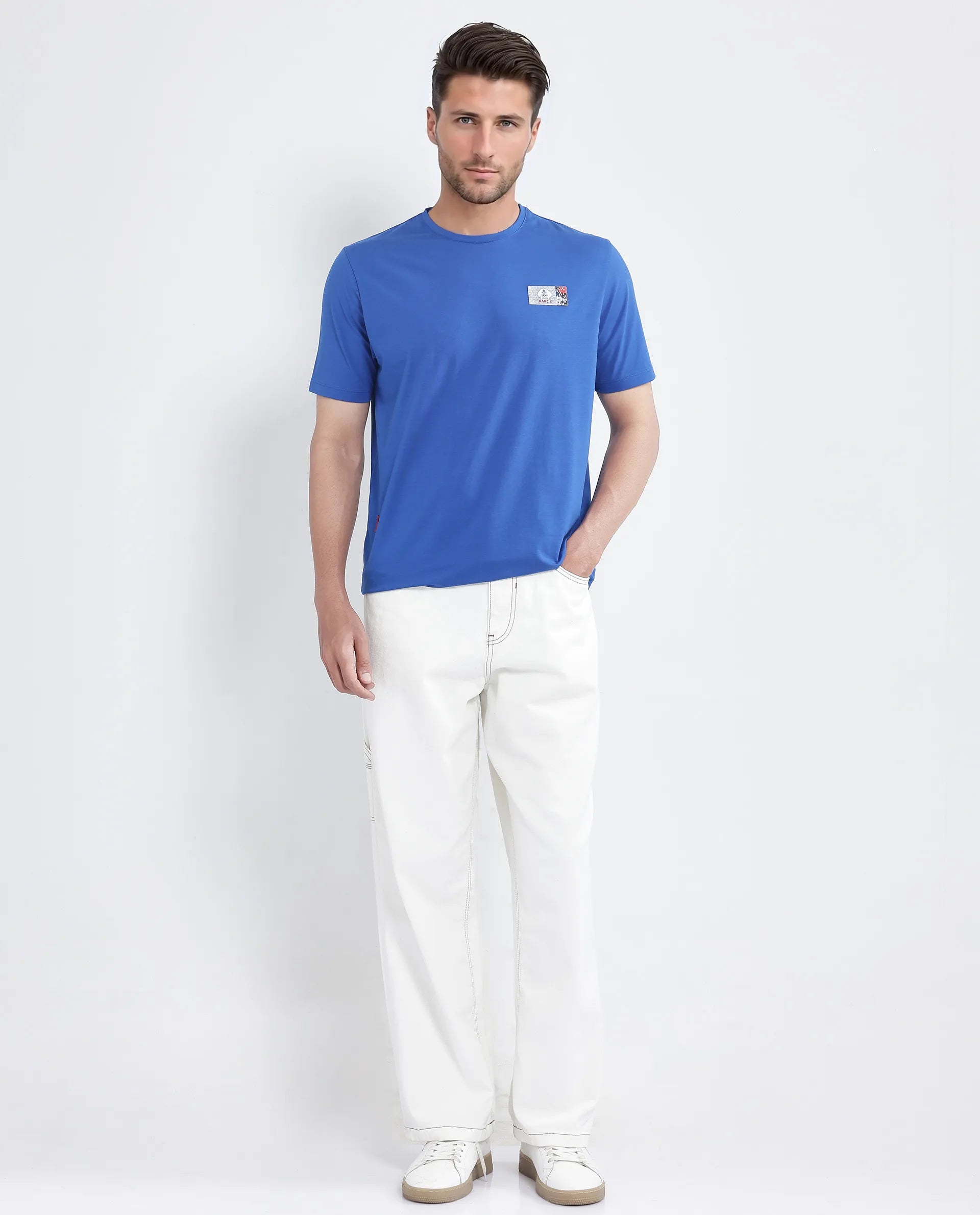 Rare Rabbit Men Saw Pastel Pastel Blue Cotton Lycra Fabric Short Sleeve Crew Neck Slip-On Plain T-Shirt