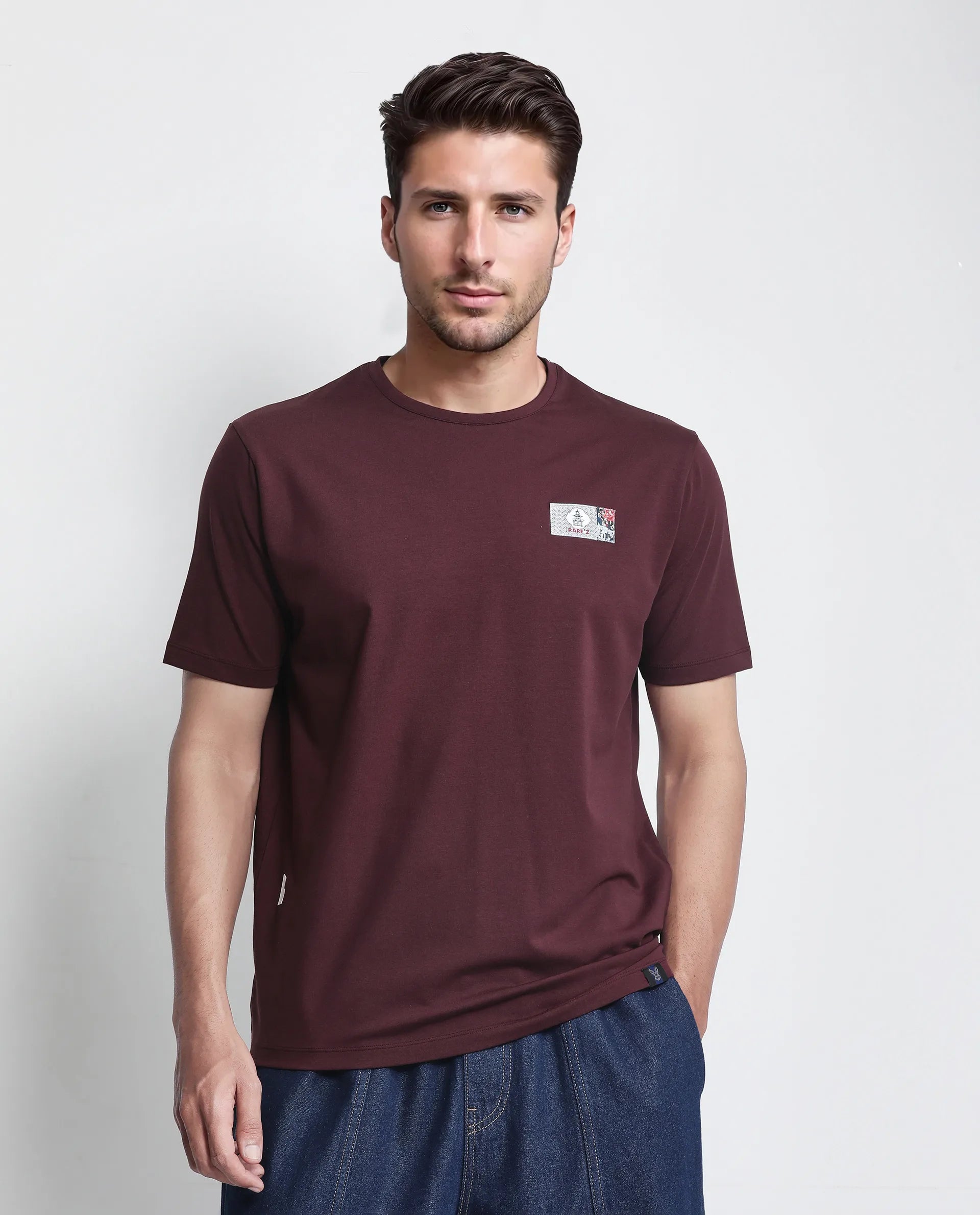 Rare Rabbit Men Saw Pastel Pastel Maroon Cotton Lycra Fabric Short Sleeve Crew Neck Slip-On Plain T-Shirt