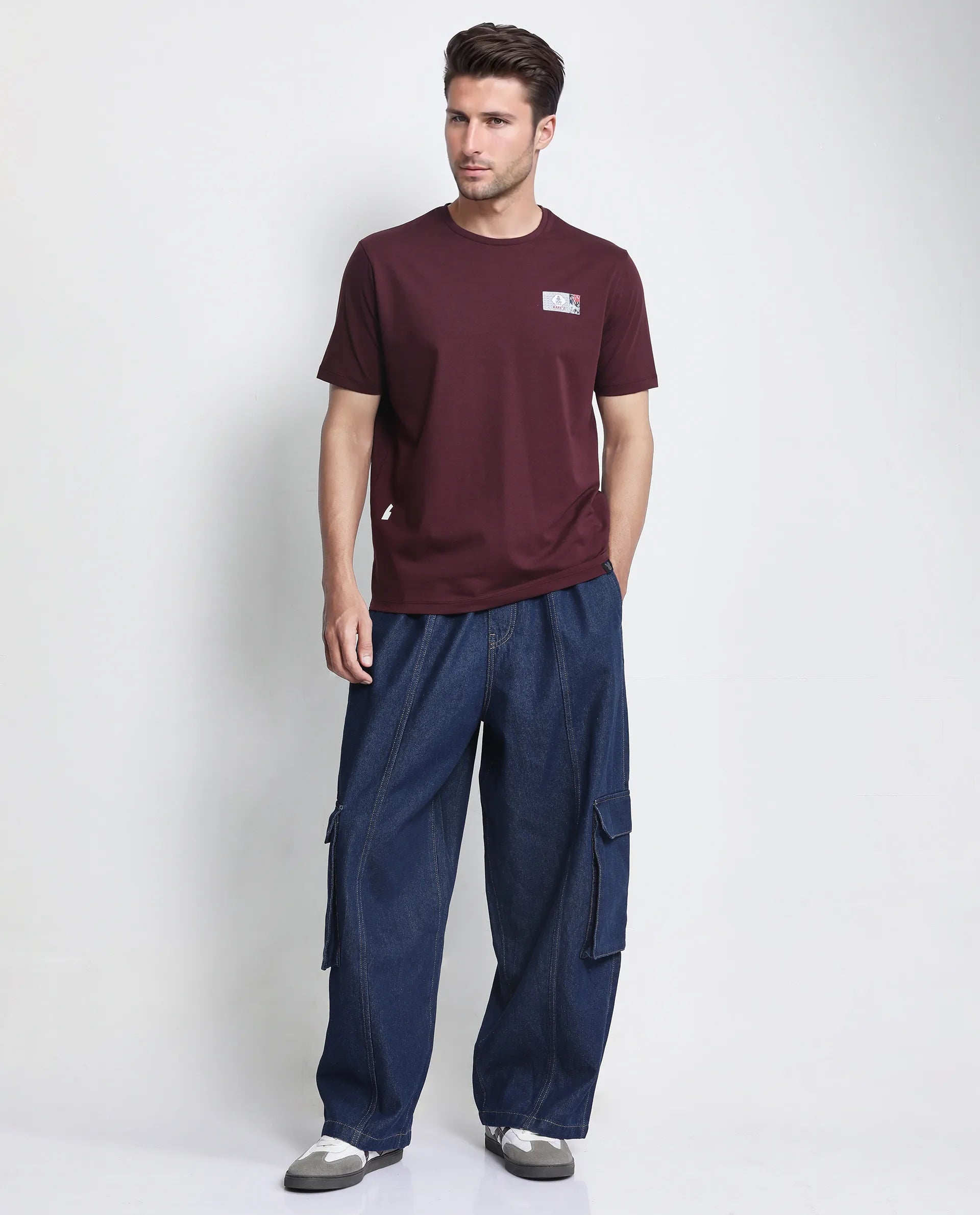 Rare Rabbit Men Saw Pastel Pastel Maroon Cotton Lycra Fabric Short Sleeve Crew Neck Slip-On Plain T-Shirt