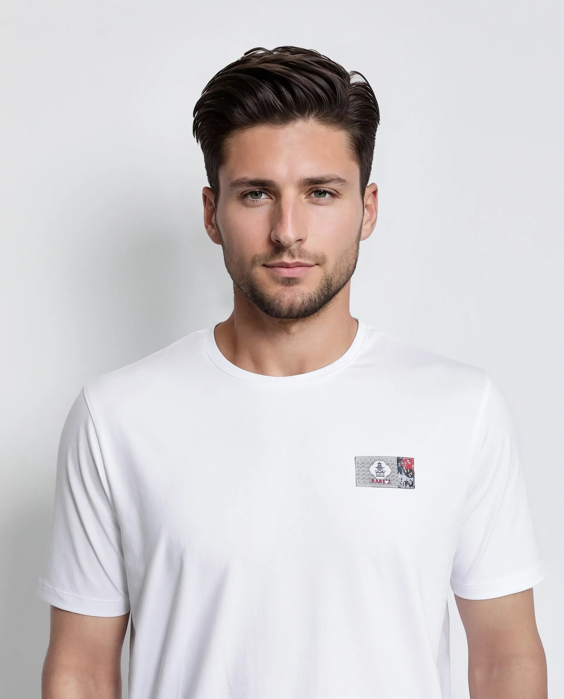 Rare Rabbit Men Saw White Cotton Lycra Fabric Short Sleeve Crew Neck Slip-On Plain T-Shirt