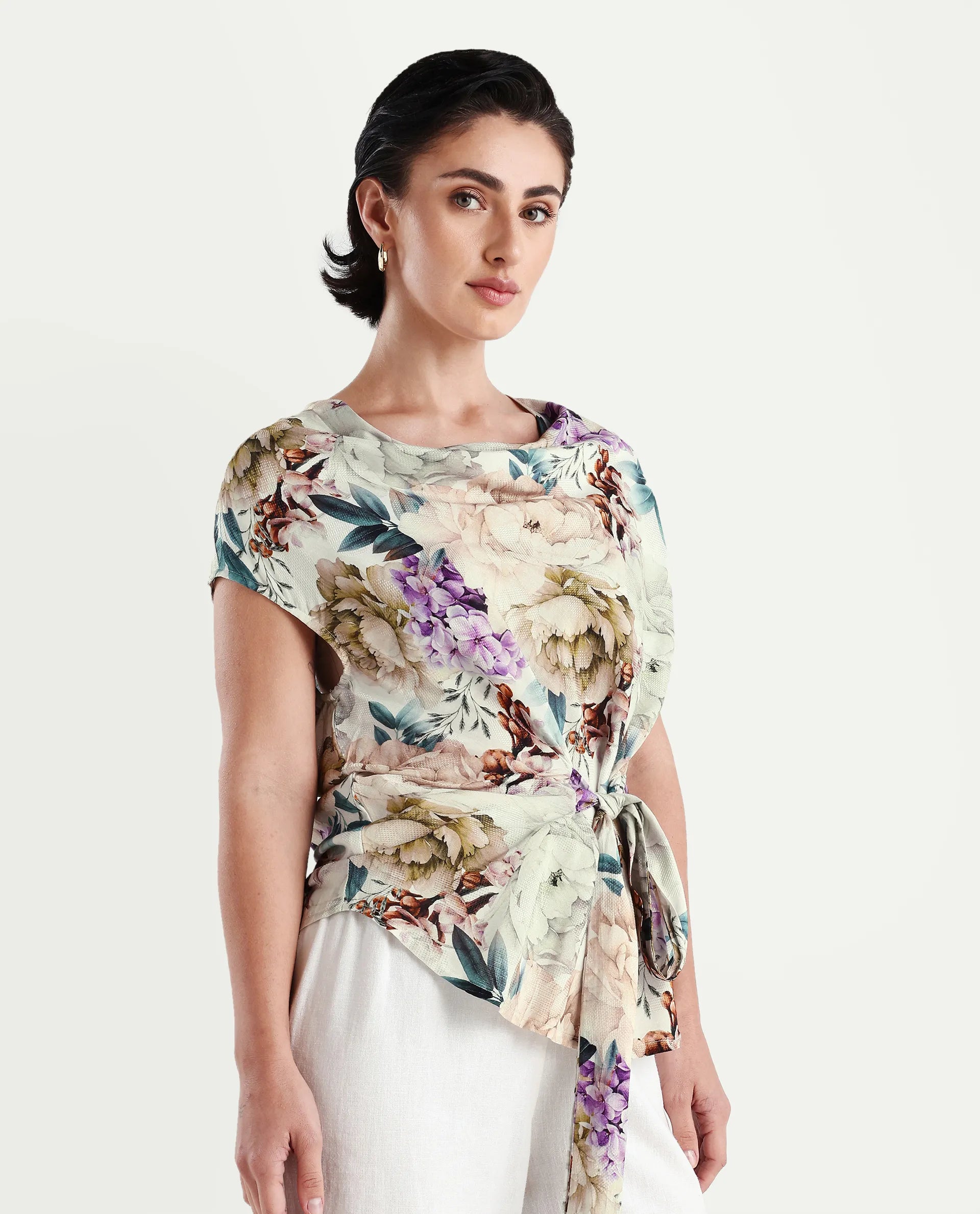 Rareism Women's Sawyer Multi Cotton Cowl Neck Floral Print Extended Sleeves Slim Fit Top