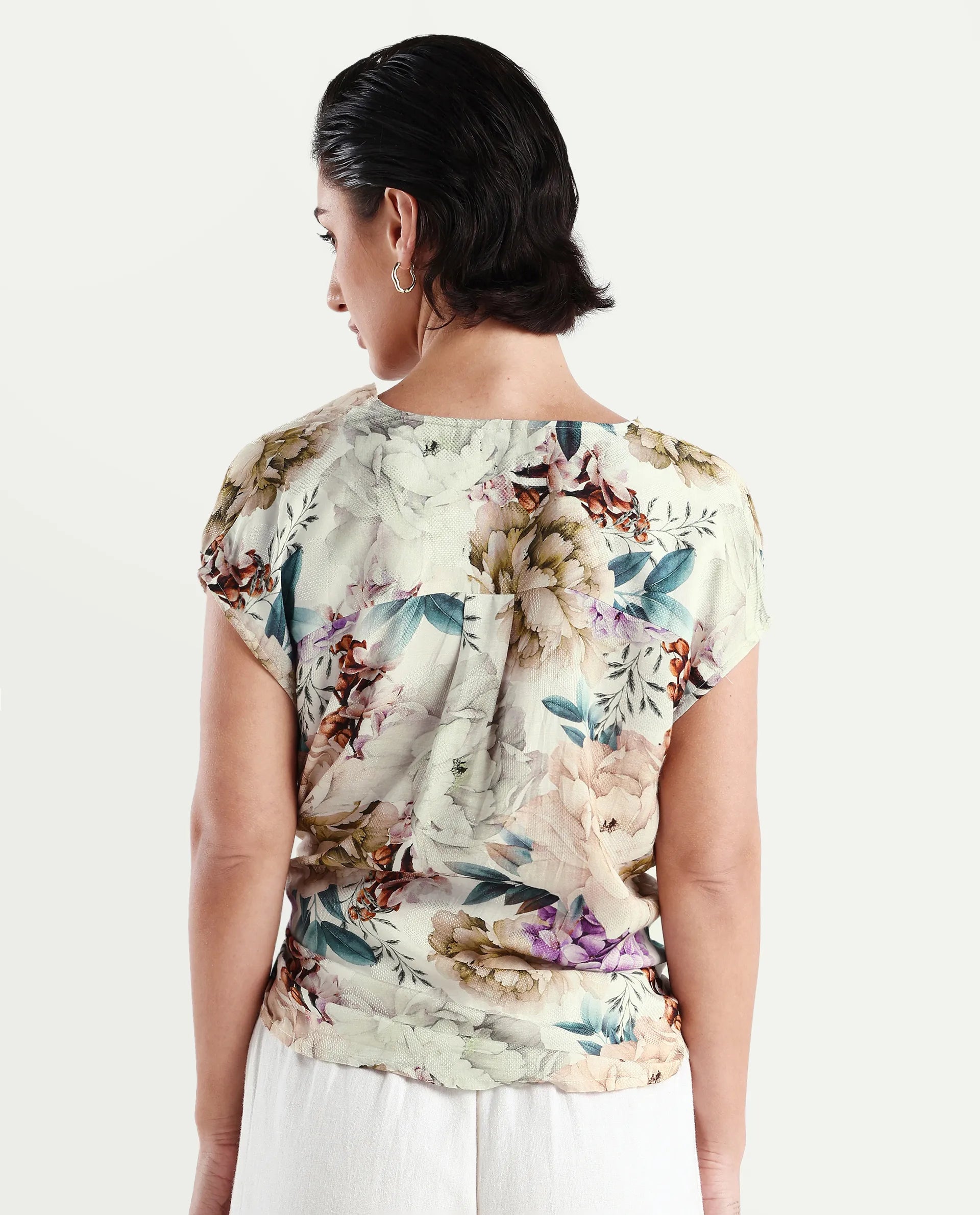 Rareism Women's Sawyer Multi Cotton Cowl Neck Floral Print Extended Sleeves Slim Fit Top