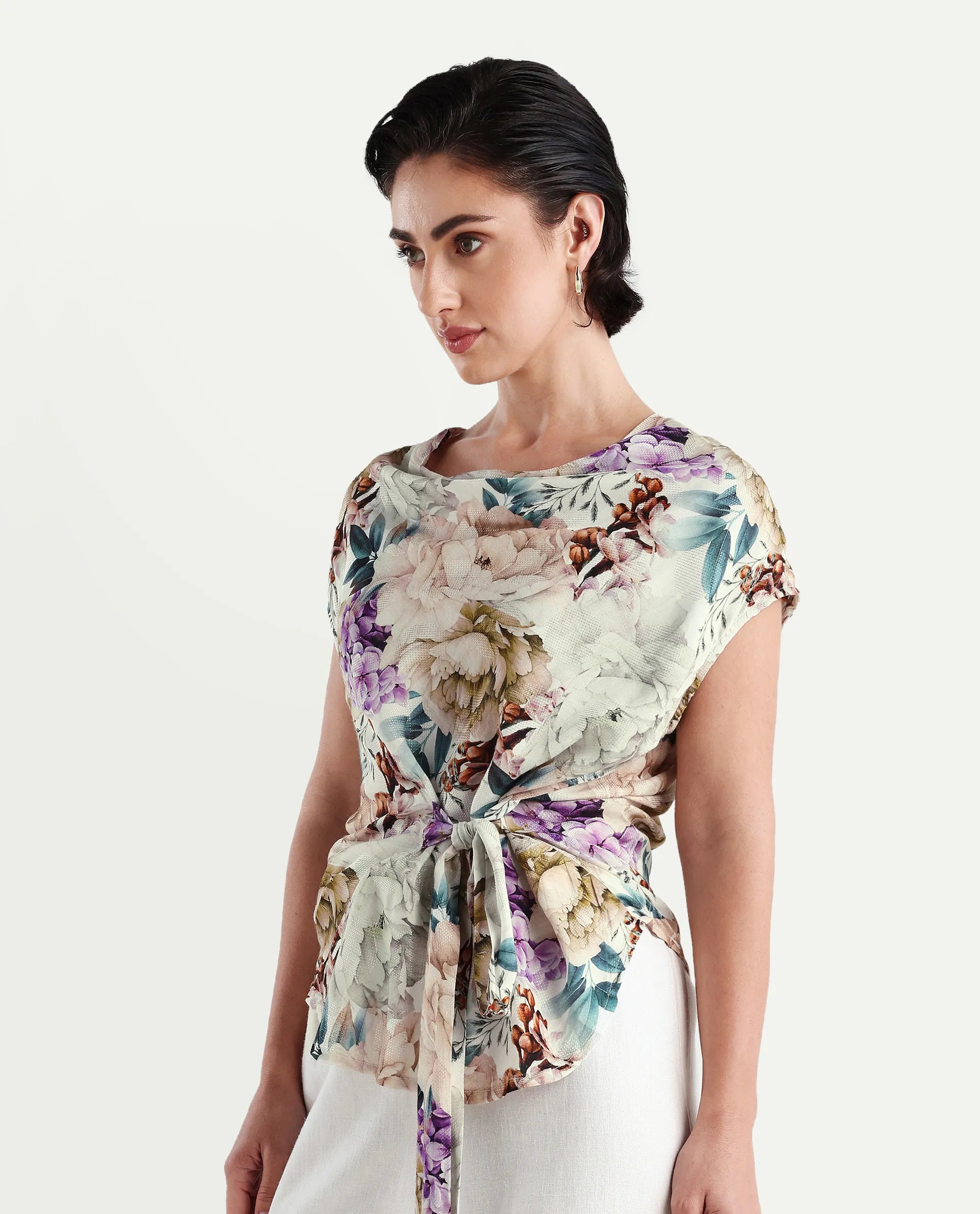 Rareism Women's Sawyer Multi Cotton Cowl Neck Floral Print Extended Sleeves Slim Fit Top