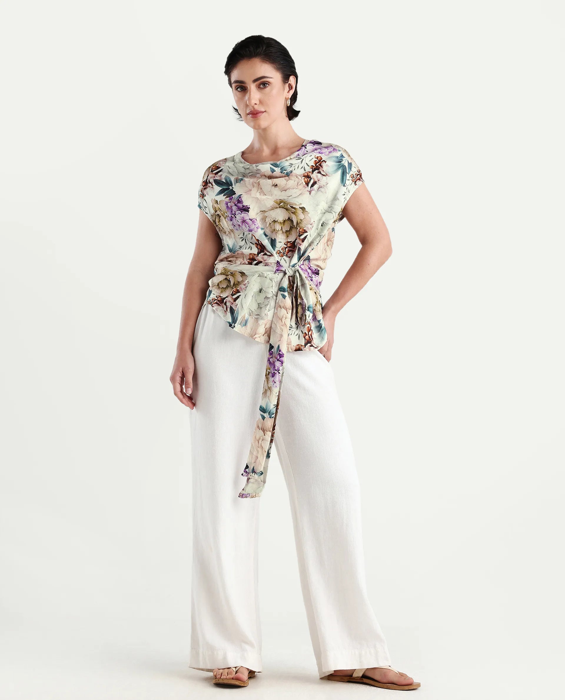 Rareism Women's Sawyer Multi Cotton Cowl Neck Floral Print Extended Sleeves Slim Fit Top