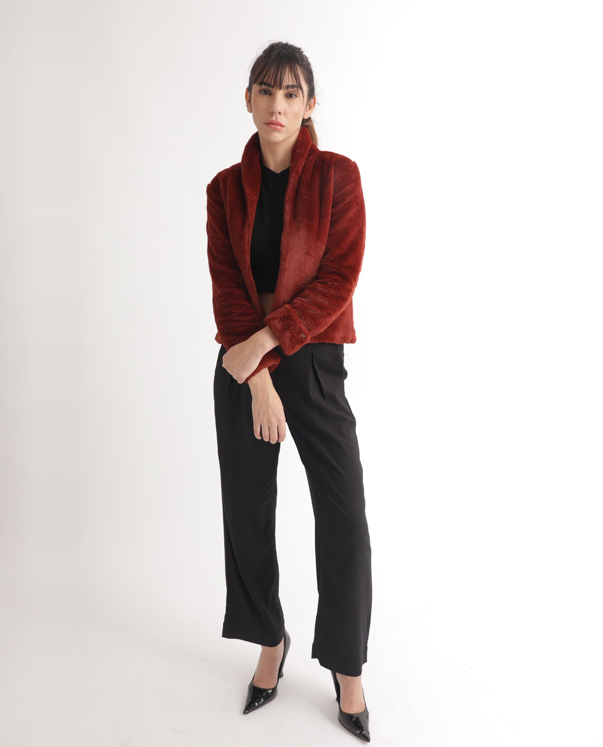 Rareism Women Schella Rust Polyester Fabric Full Sleeves Zip Closure High Neck Regular Fit Plain Jacket